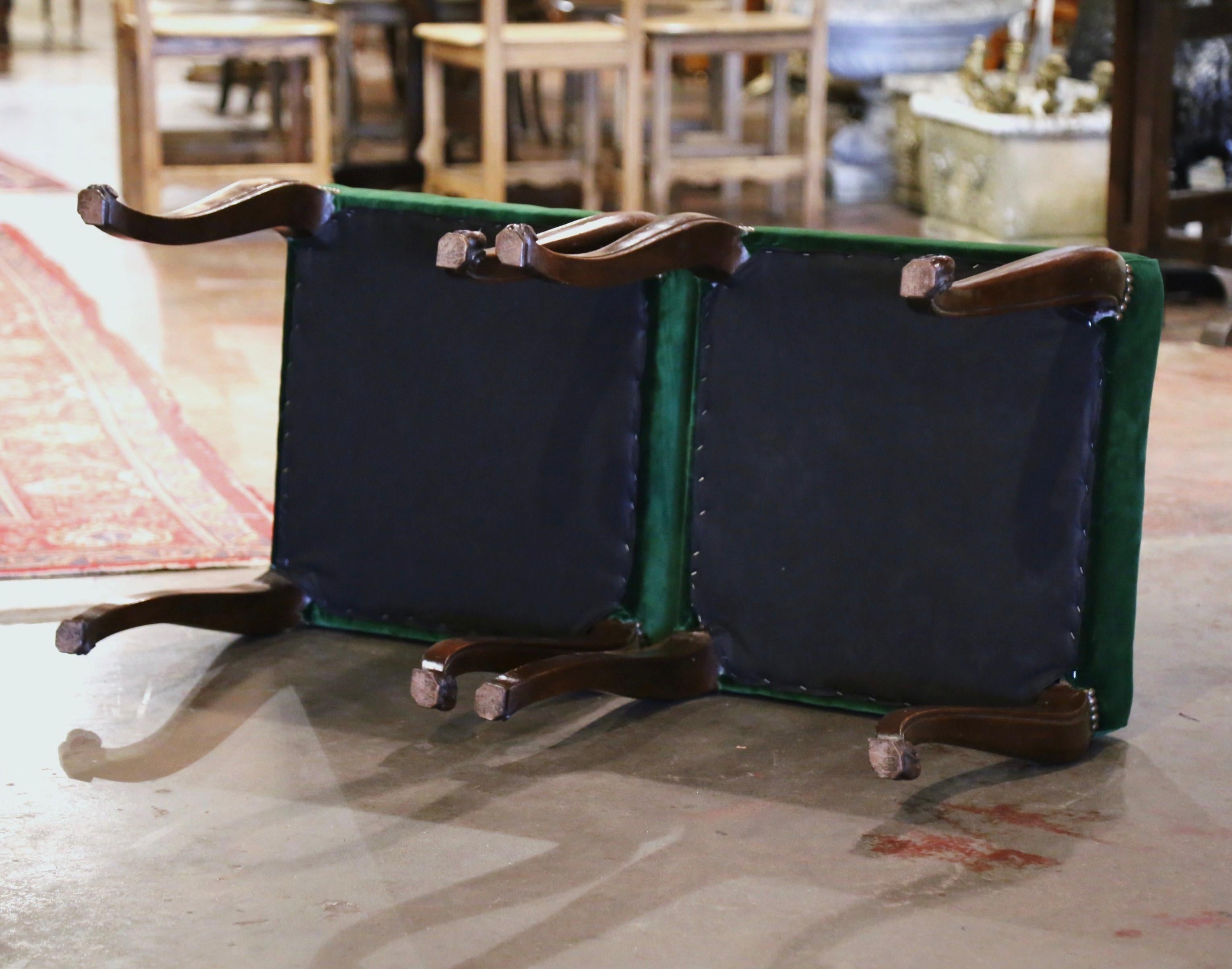 Pair of Mid-Century French Louis XV Carved Walnut and Green Velvet Stools For Sale 3