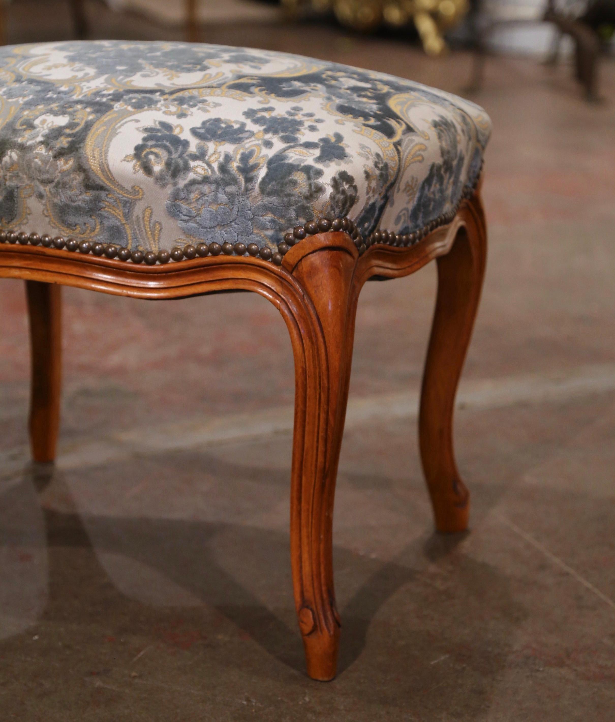 Hand-Carved Pair of Mid-Century French Louis XV Carved Walnut and Velvet Stools