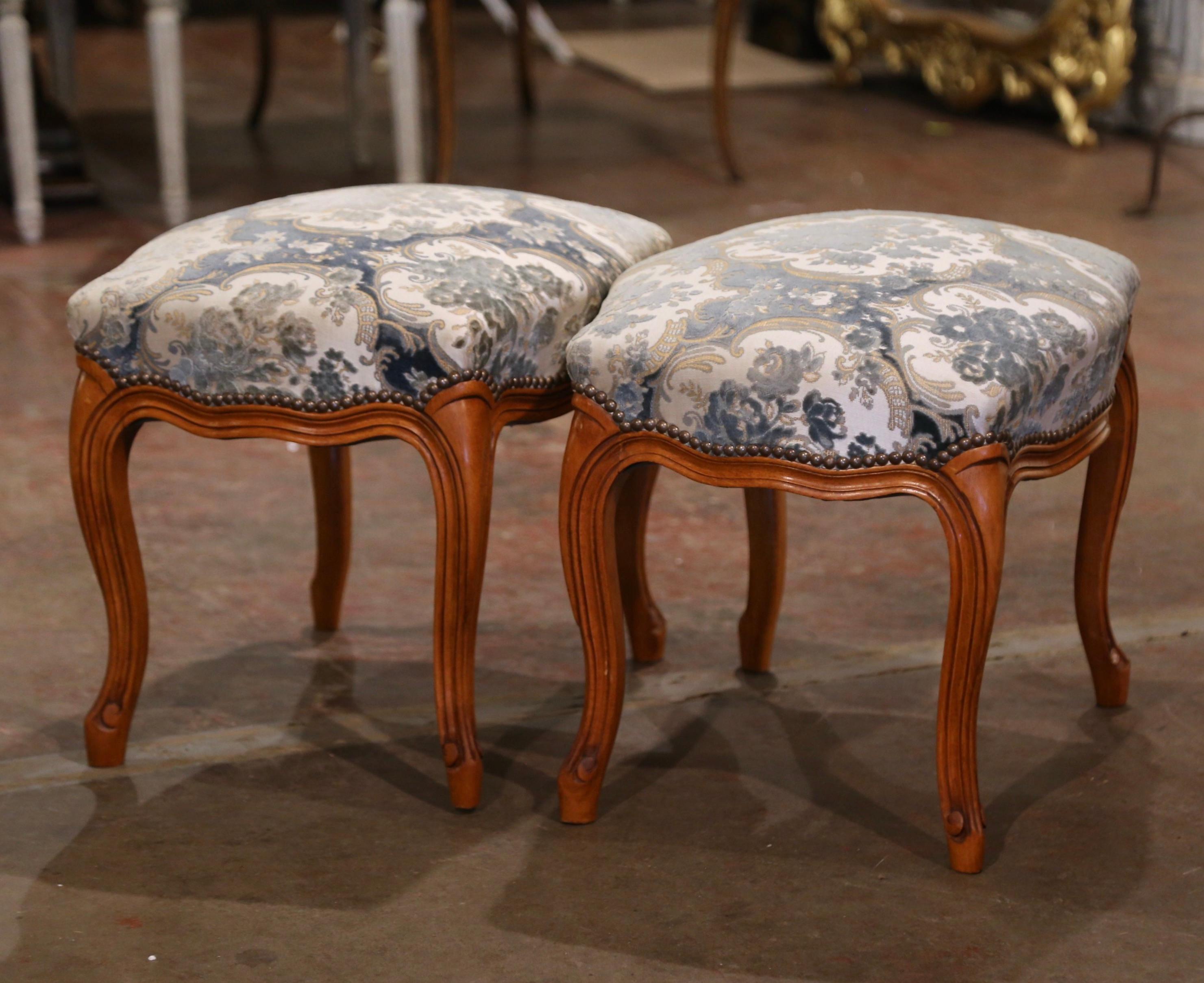 20th Century Pair of Mid-Century French Louis XV Carved Walnut and Velvet Stools