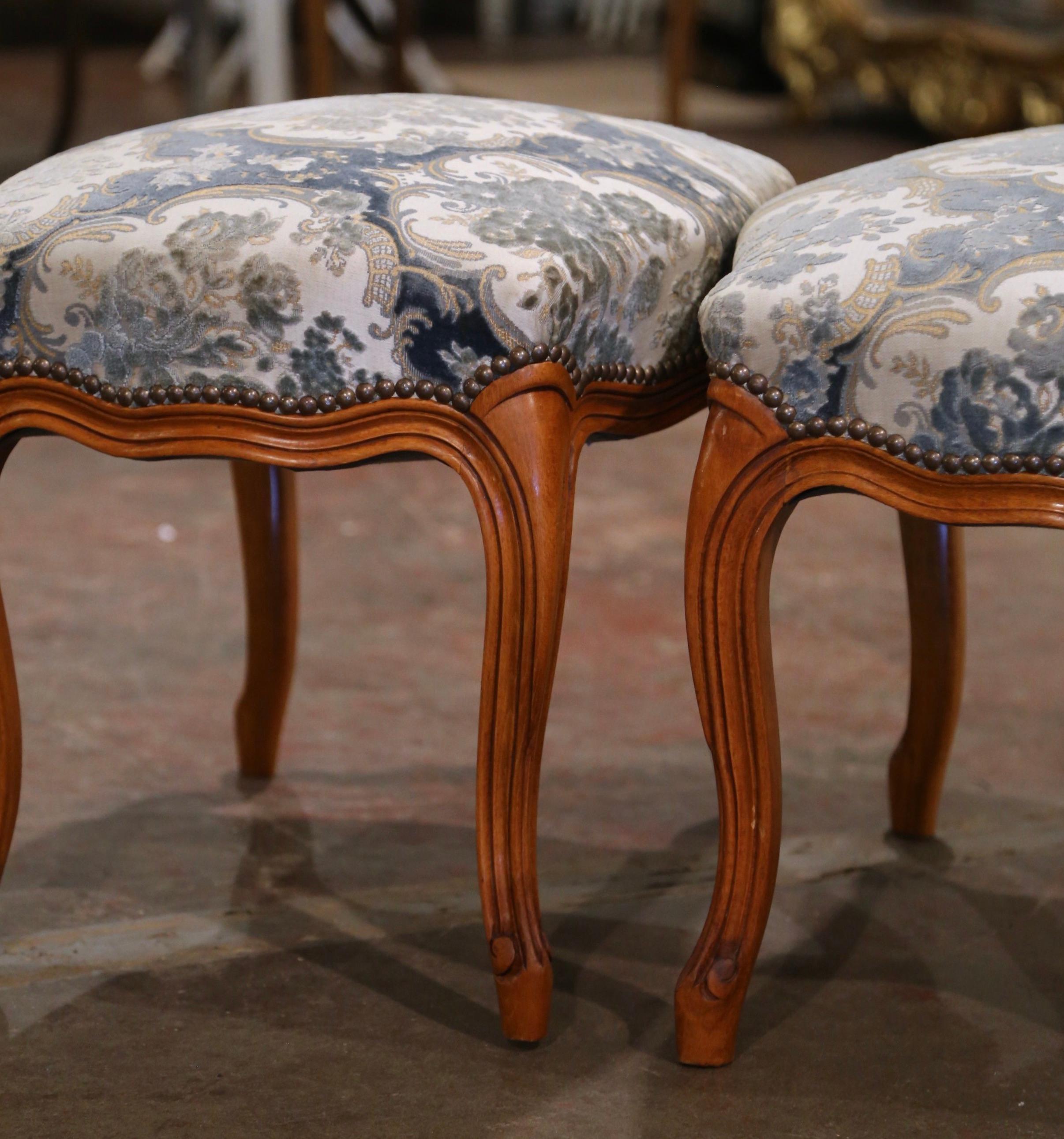 Pair of Mid-Century French Louis XV Carved Walnut and Velvet Stools 1