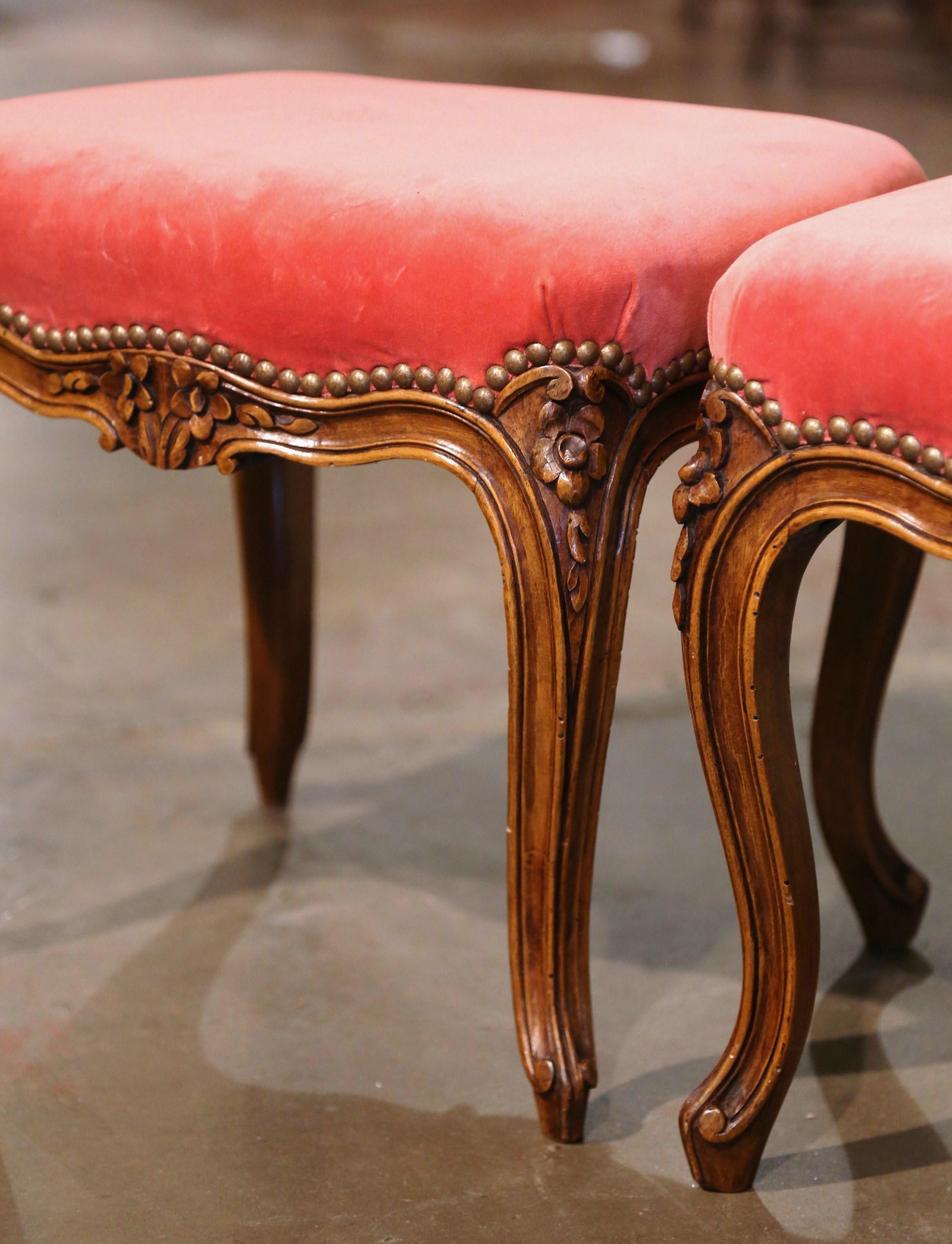 Hand-Carved Pair of Mid-Century French Louis XV Carved Walnut Stools with Velvet Upholstery