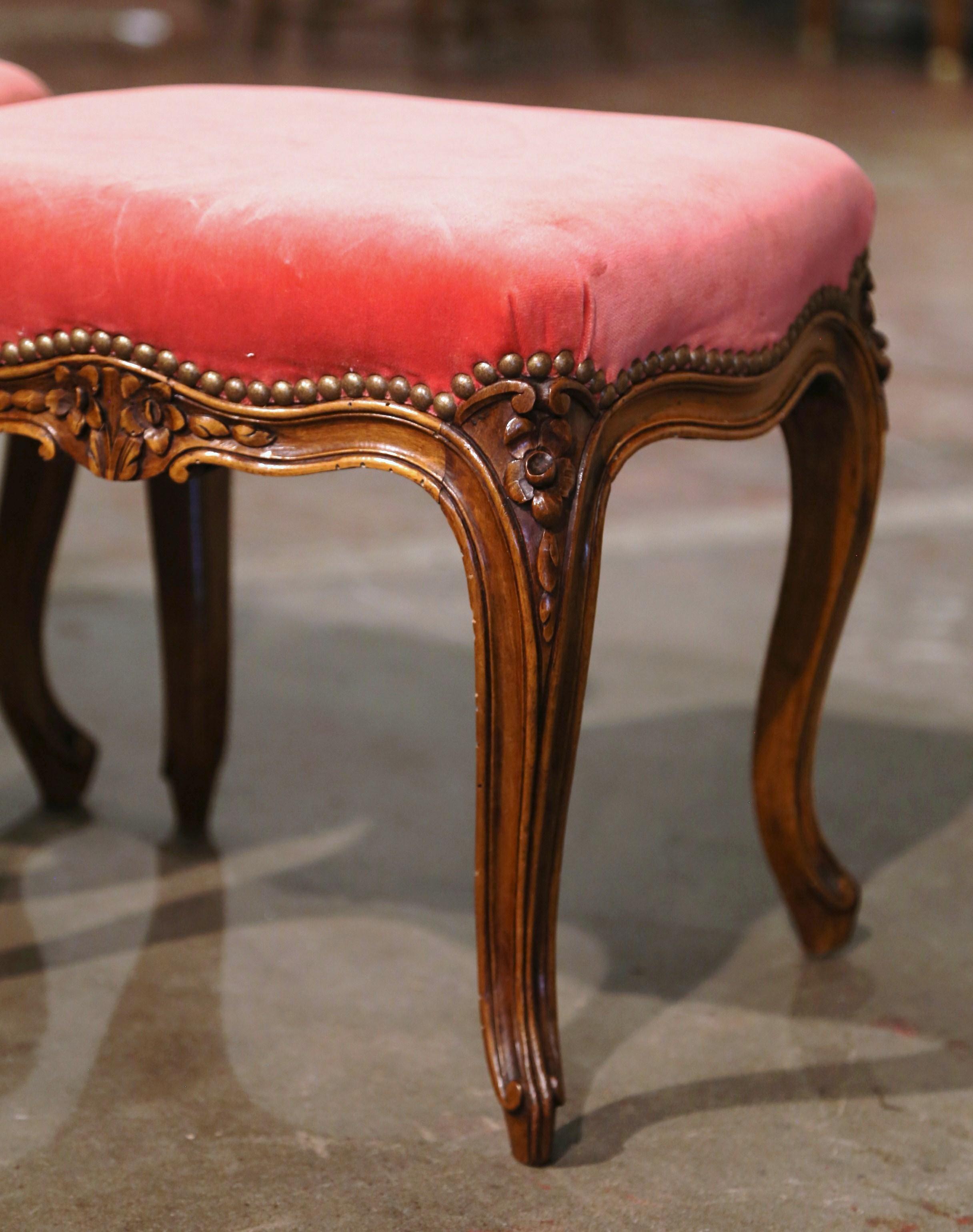 20th Century Pair of Mid-Century French Louis XV Carved Walnut Stools with Velvet Upholstery