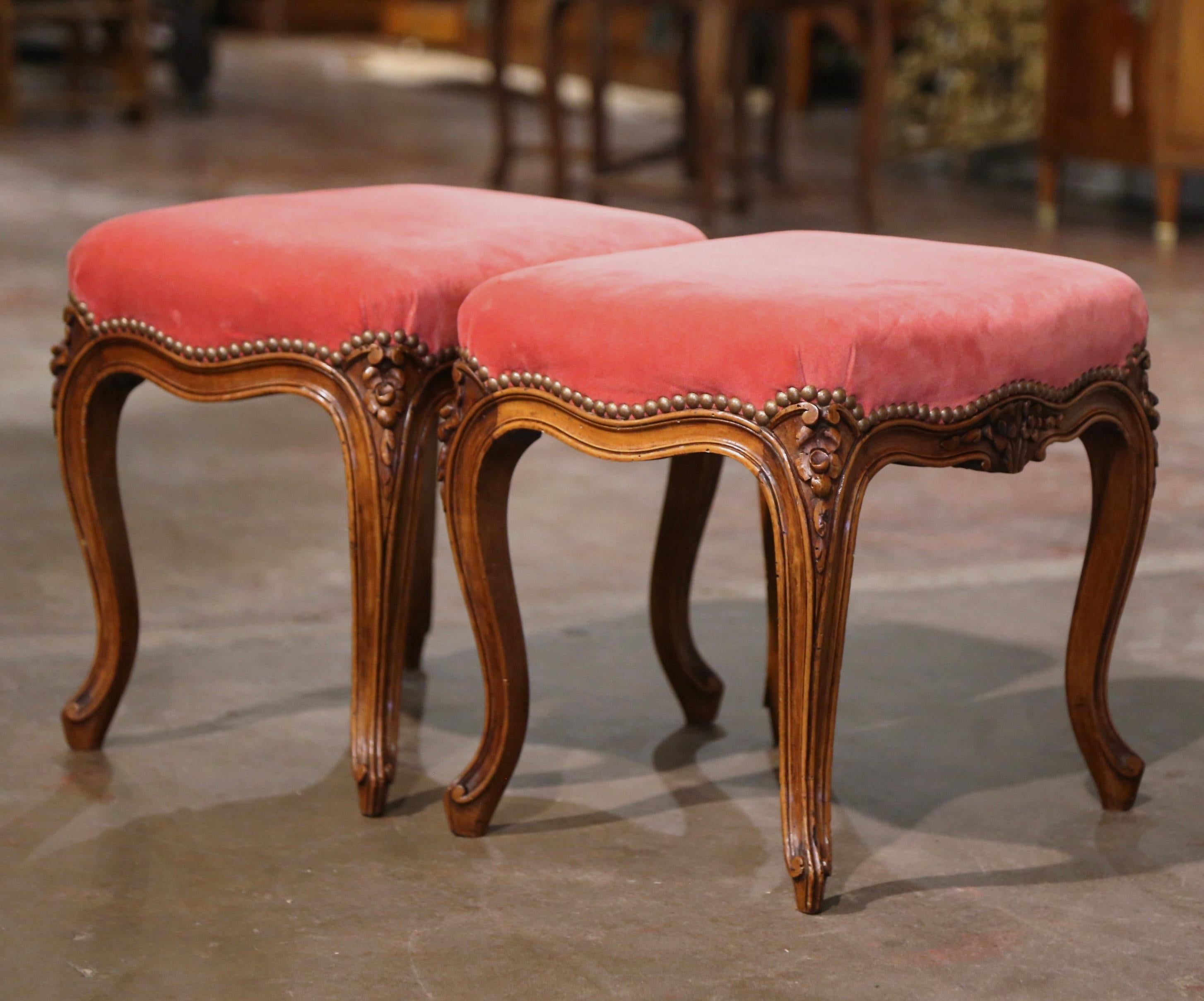 Pair of Mid-Century French Louis XV Carved Walnut Stools with Velvet Upholstery 2