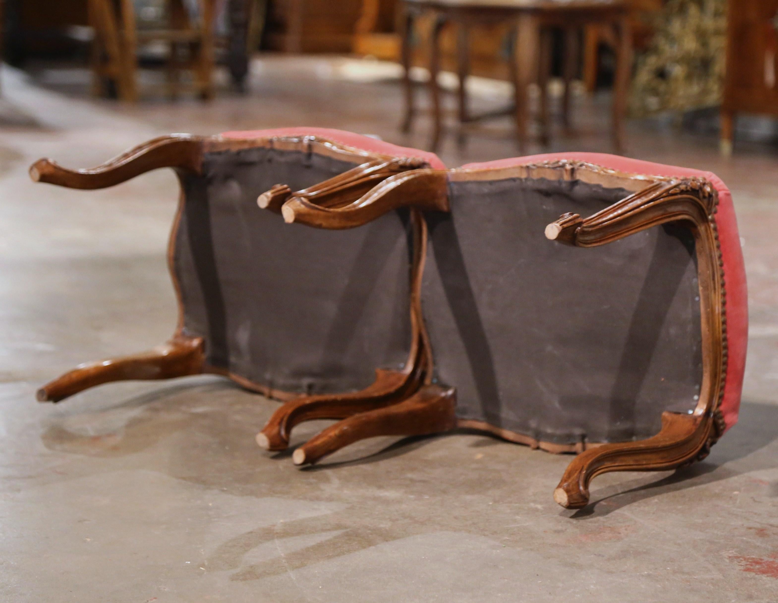 Pair of Mid-Century French Louis XV Carved Walnut Stools with Velvet Upholstery 3