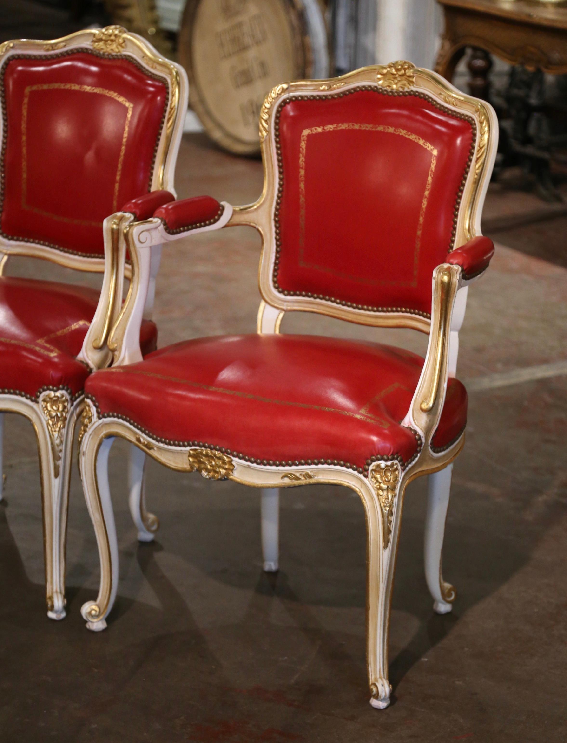 Hand-Carved Pair of Mid-Century French Louis XV Leather Carved Painted and Gilt Fauteuils