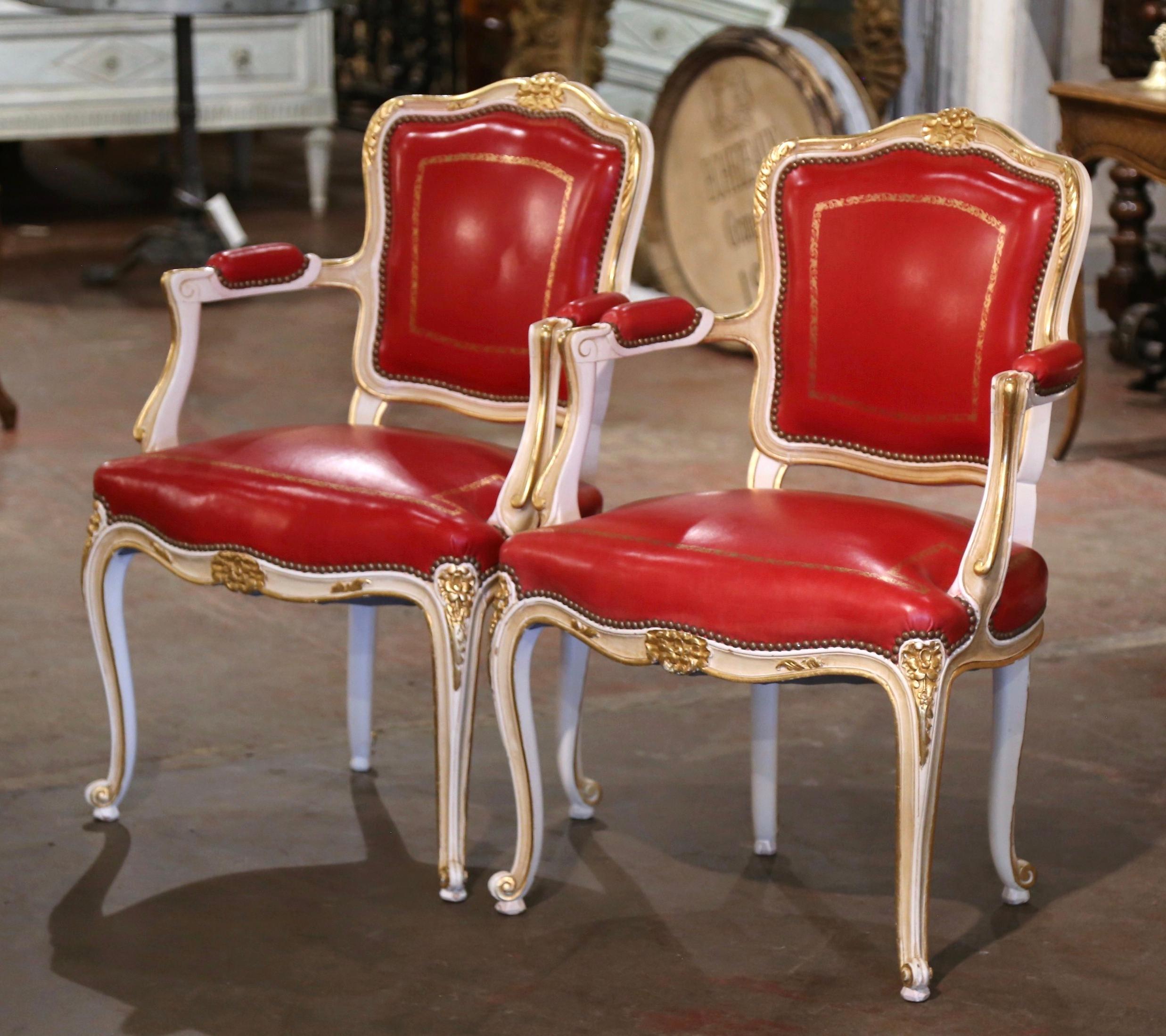 Pair of Mid-Century French Louis XV Leather Carved Painted and Gilt Fauteuils In Excellent Condition In Dallas, TX