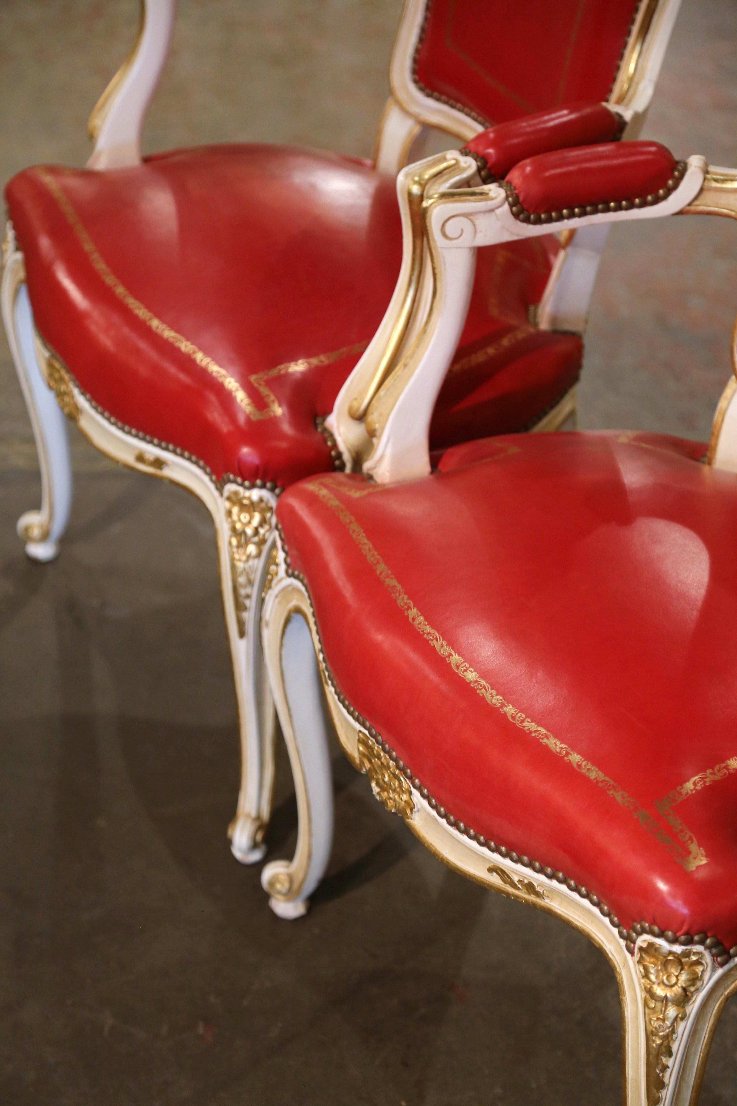 Pair of Mid-Century French Louis XV Leather Carved Painted and Gilt Fauteuils 3