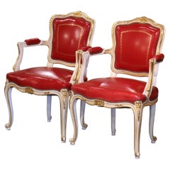 Pair of Mid-Century French Louis XV Leather Carved Painted and Gilt Fauteuils