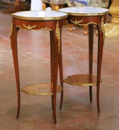 Pair of Mid-Century French Louis XV Marble Top Mahogany and Ormolu Side Tables