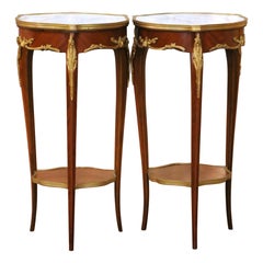 Pair of Mid-Century French Louis XV Marble Top Mahogany and Ormolu Side Tables