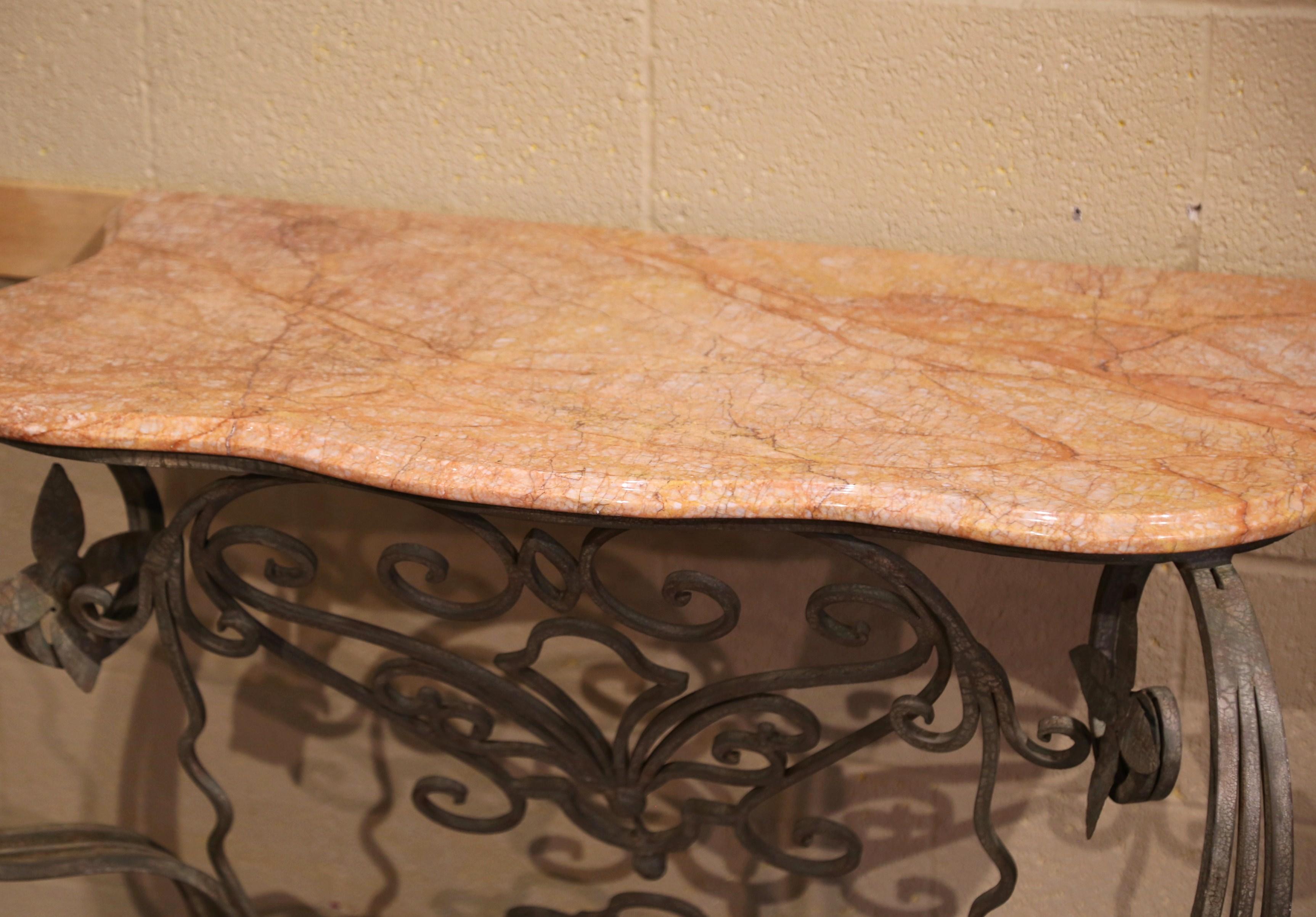 Forged Pair of Mid-Century French Louis XV Marble Top Painted Iron Wall Console Tables For Sale