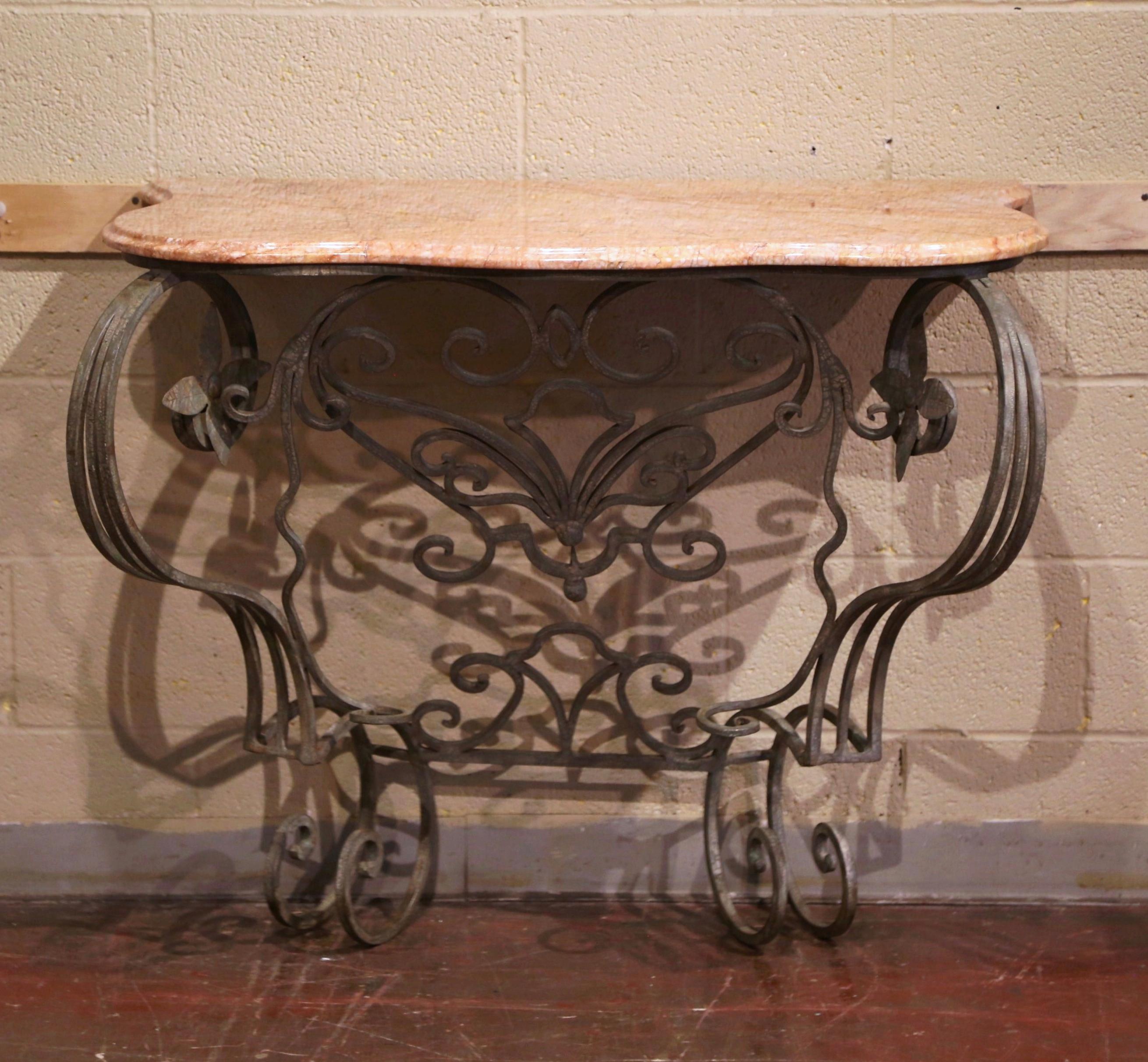 Pair of Mid-Century French Louis XV Marble Top Painted Iron Wall Console Tables For Sale 1