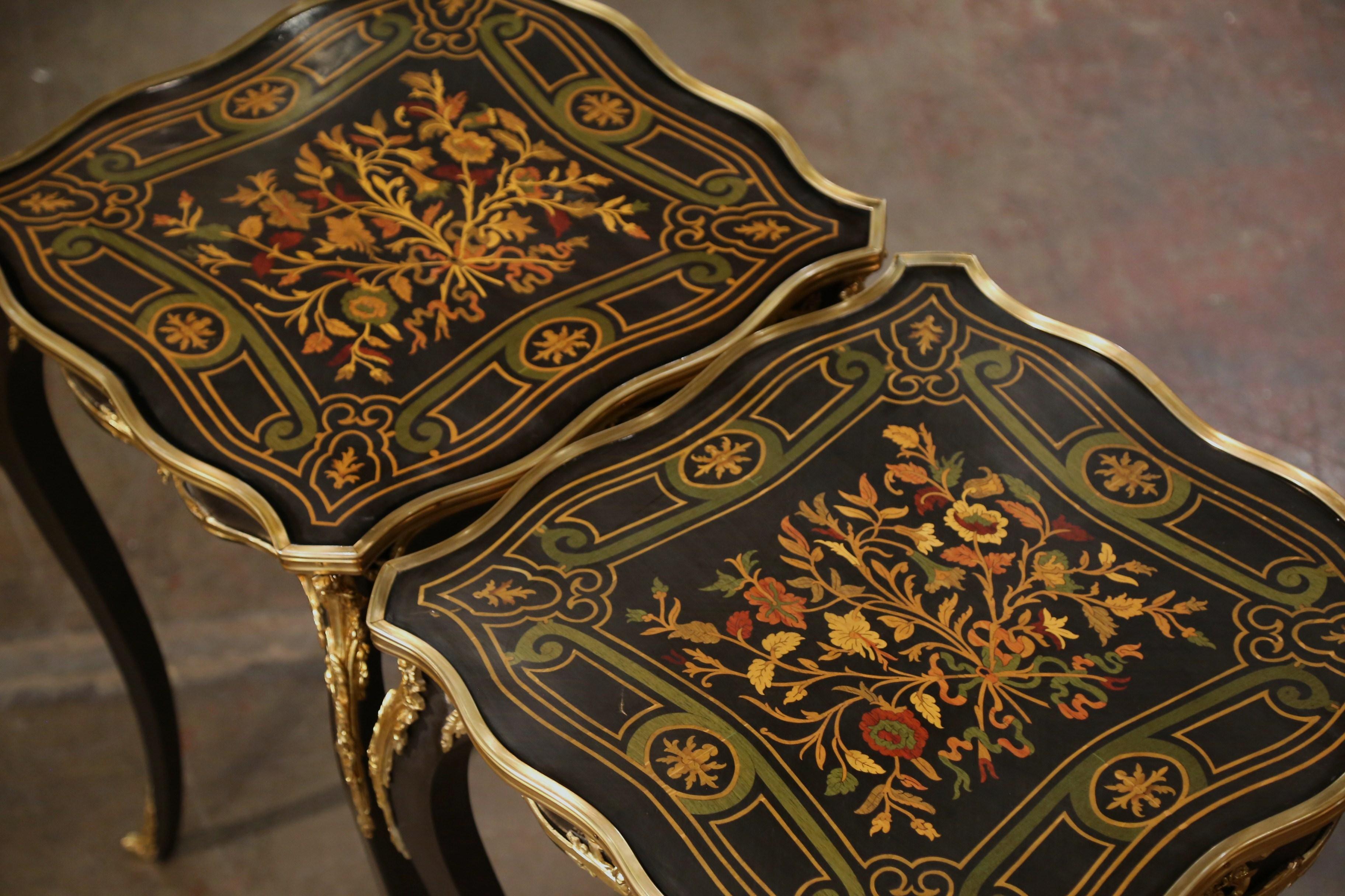 Pair of Mid-Century French Louis XV Marquetry Inlaid and Bronze Dore Side Tables For Sale 5