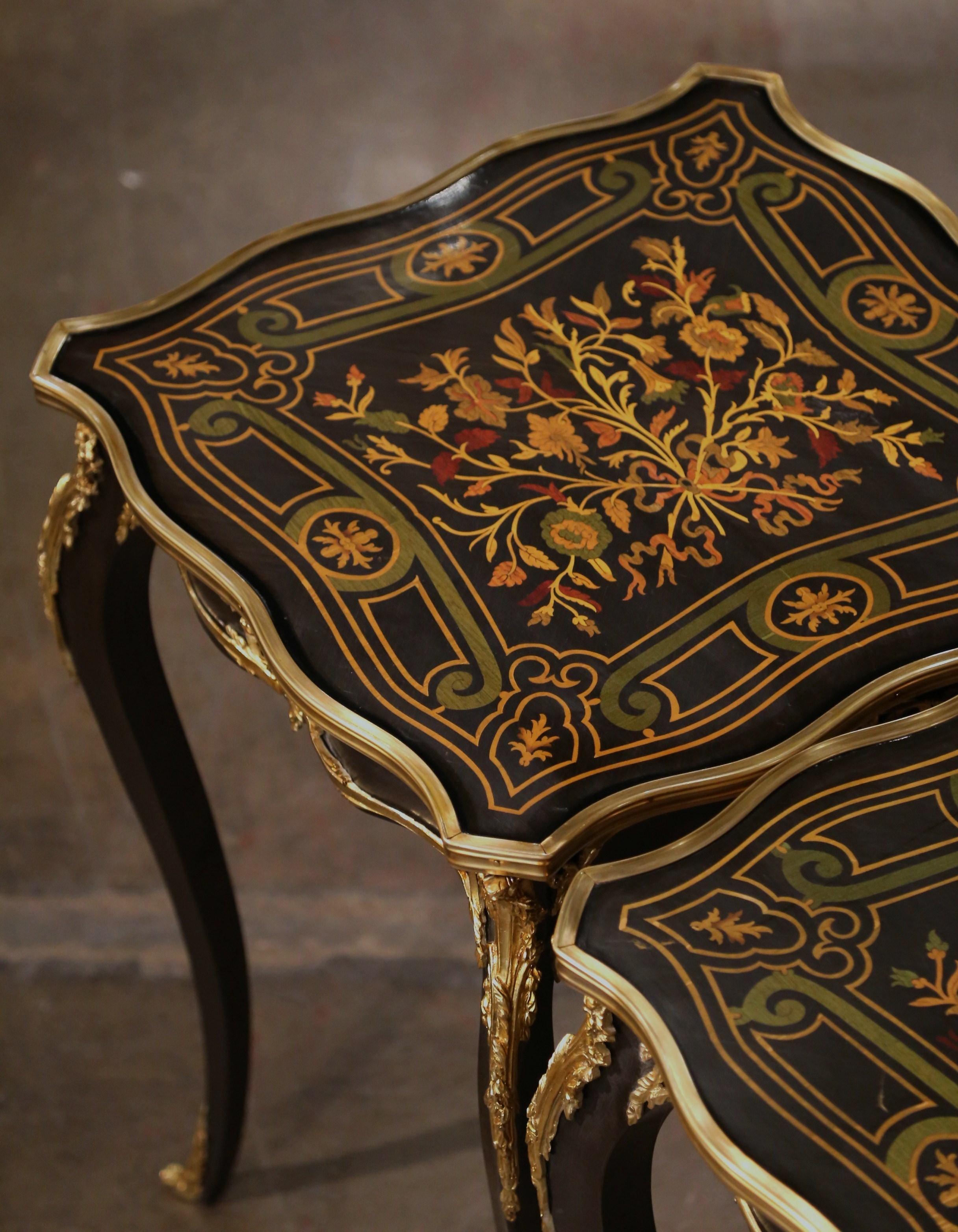 Pair of Mid-Century French Louis XV Marquetry Inlaid and Bronze Dore Side Tables For Sale 6