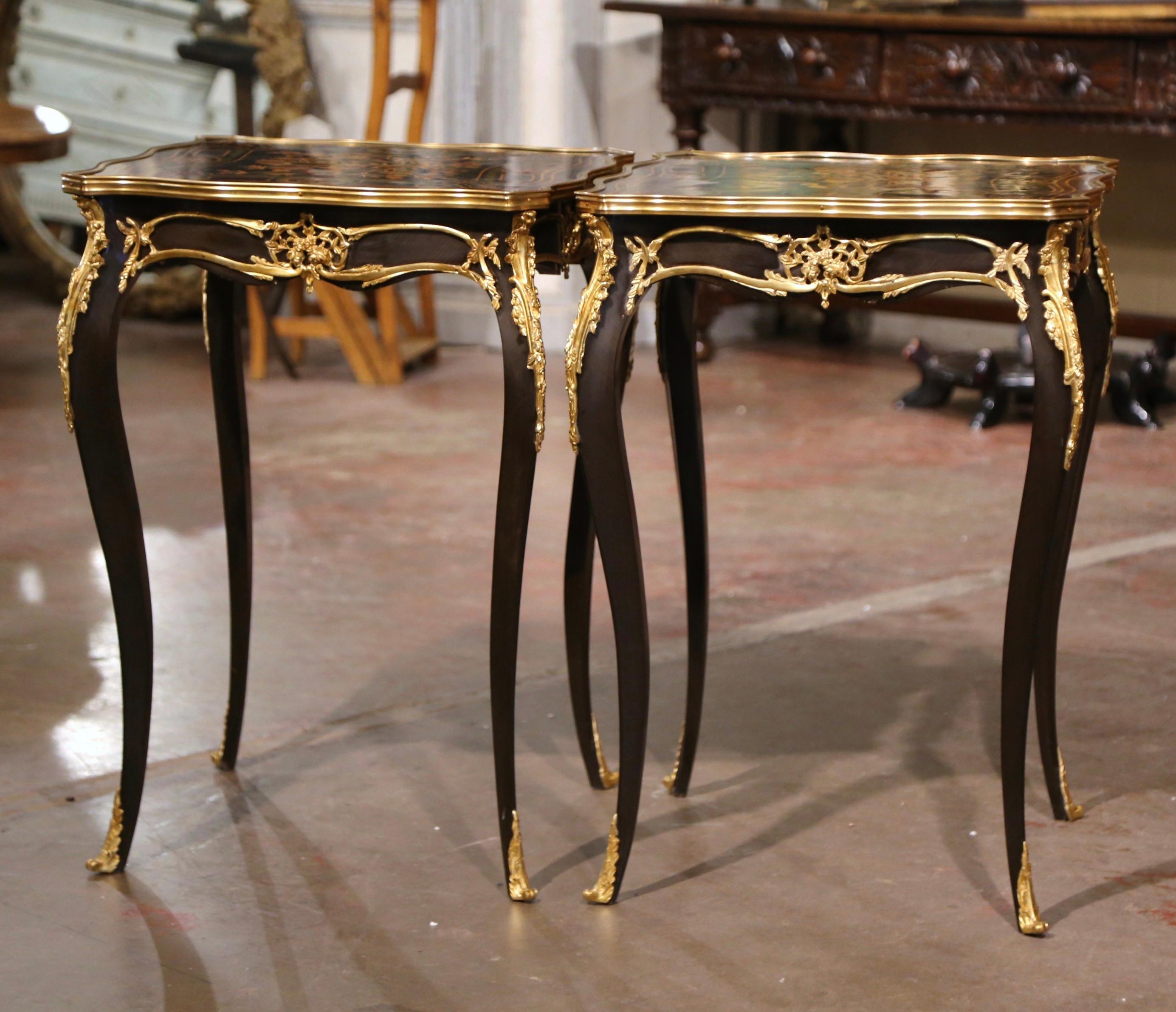 Pair of Mid-Century French Louis XV Marquetry Inlaid and Bronze Dore Side Tables For Sale 8