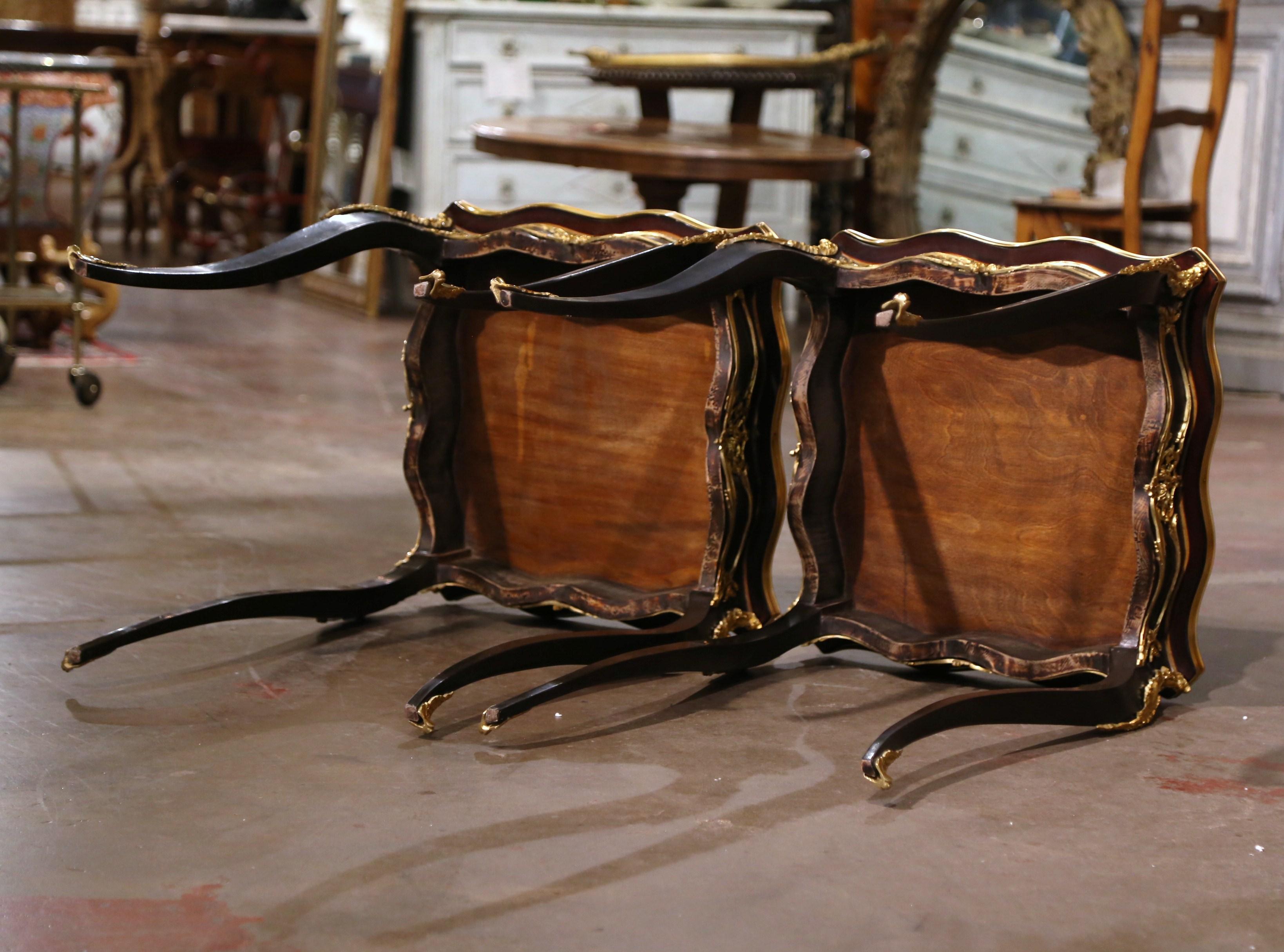Pair of Mid-Century French Louis XV Marquetry Inlaid and Bronze Dore Side Tables For Sale 9