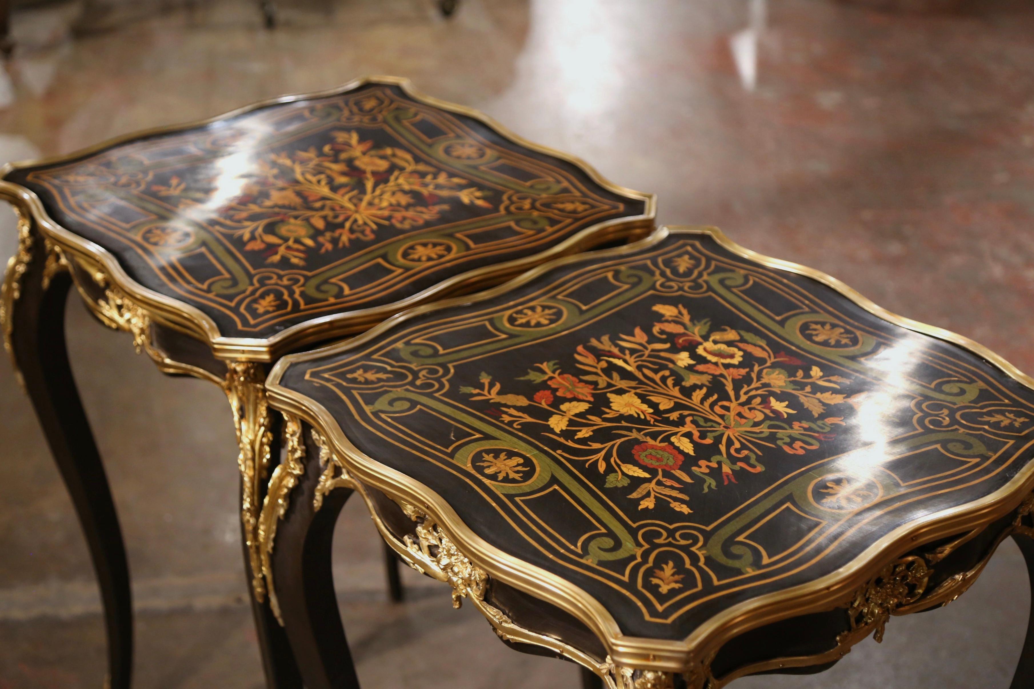 Hand-Carved Pair of Mid-Century French Louis XV Marquetry Inlaid and Bronze Dore Side Tables For Sale