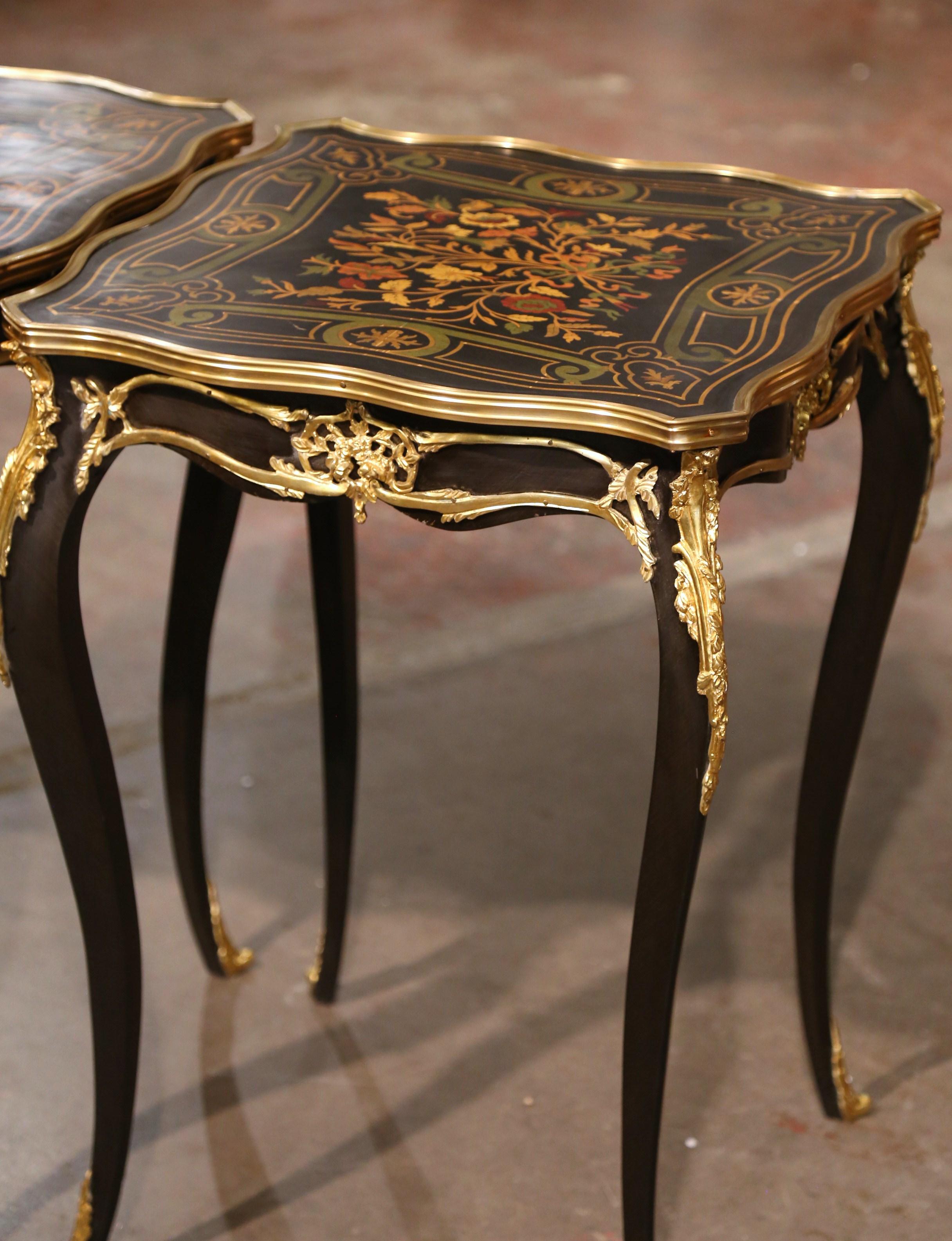 20th Century Pair of Mid-Century French Louis XV Marquetry Inlaid and Bronze Dore Side Tables For Sale