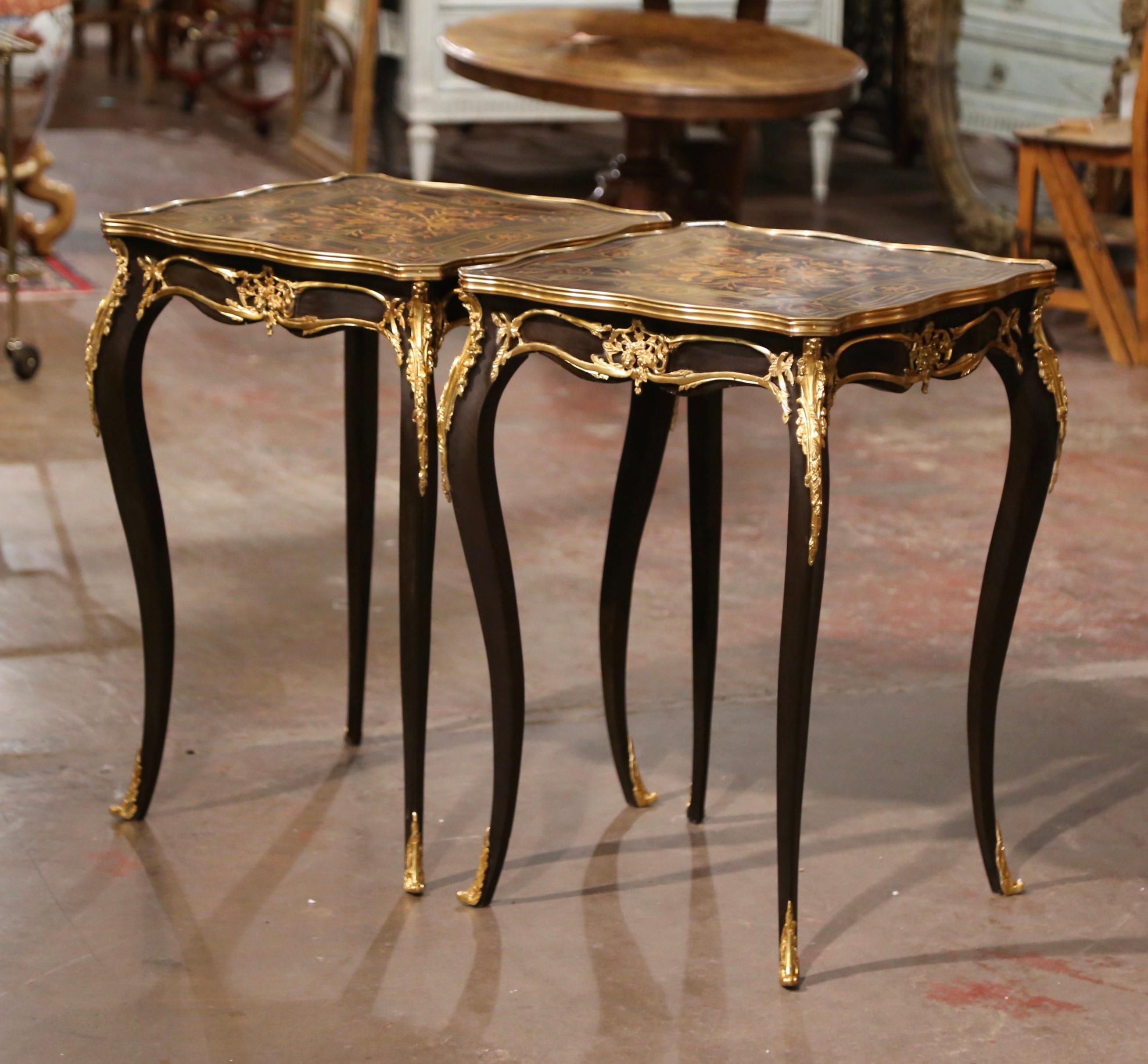 Pair of Mid-Century French Louis XV Marquetry Inlaid and Bronze Dore Side Tables For Sale 1