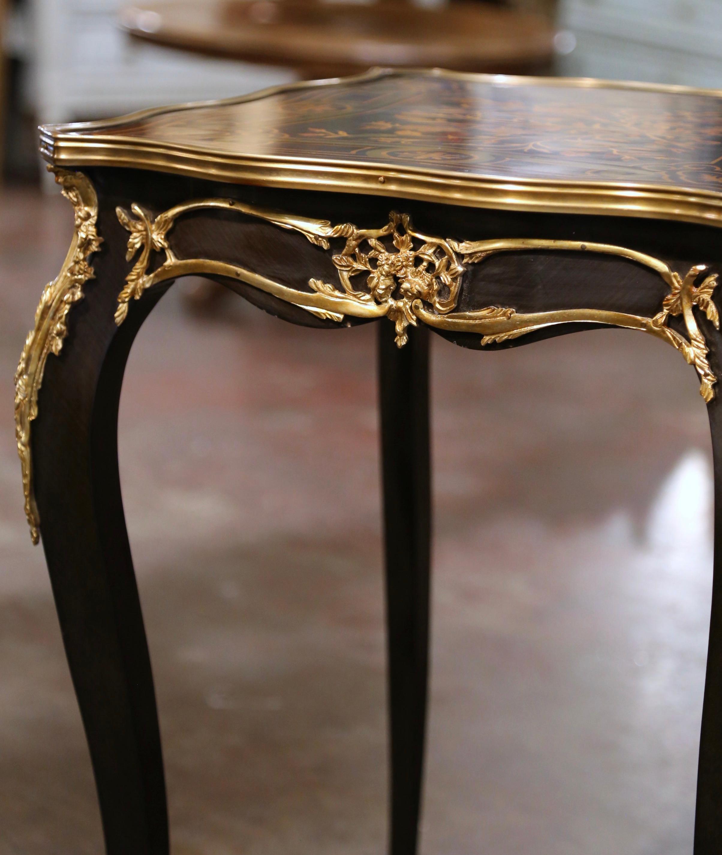 Pair of Mid-Century French Louis XV Marquetry Inlaid and Bronze Dore Side Tables For Sale 2