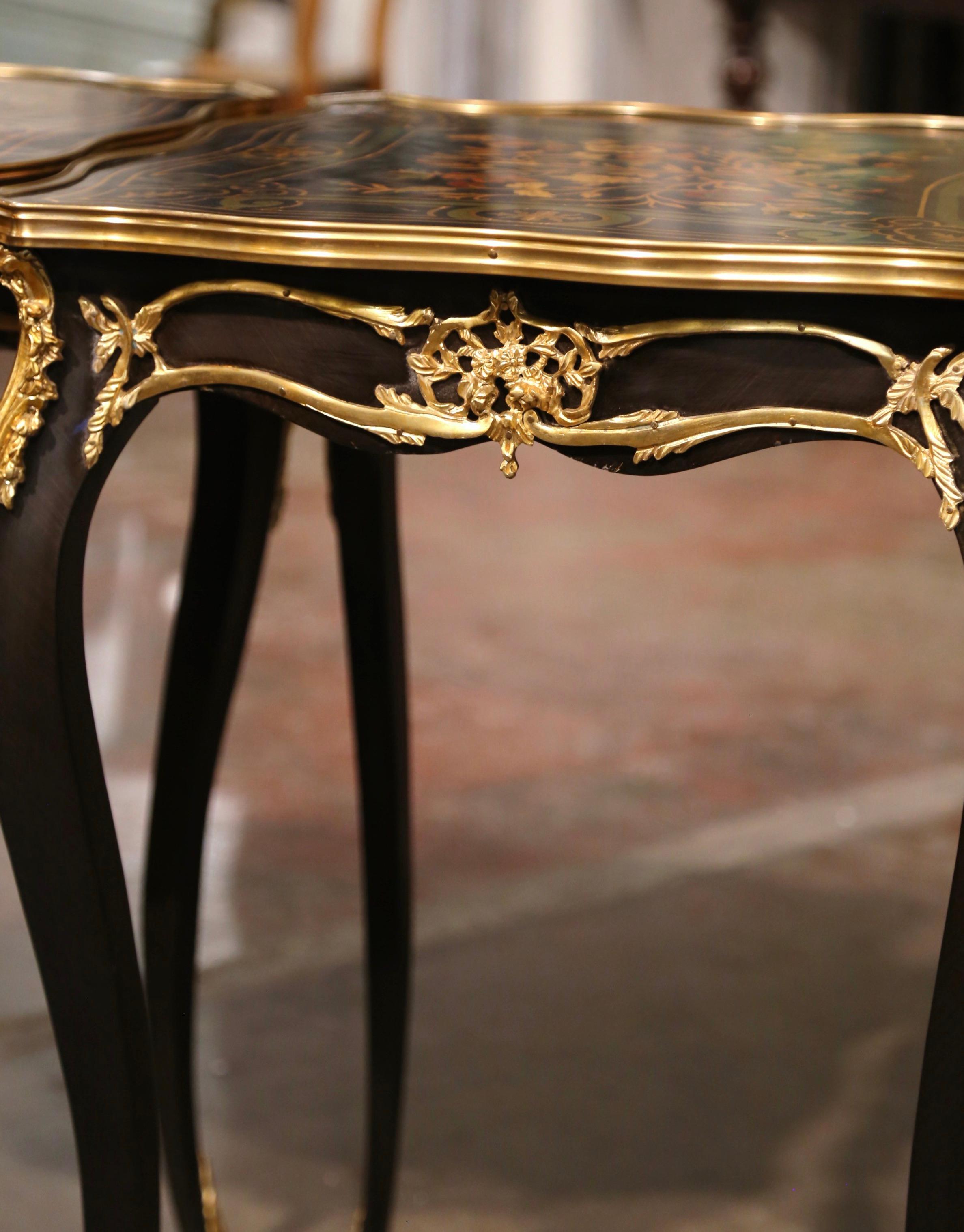 Pair of Mid-Century French Louis XV Marquetry Inlaid and Bronze Dore Side Tables For Sale 3