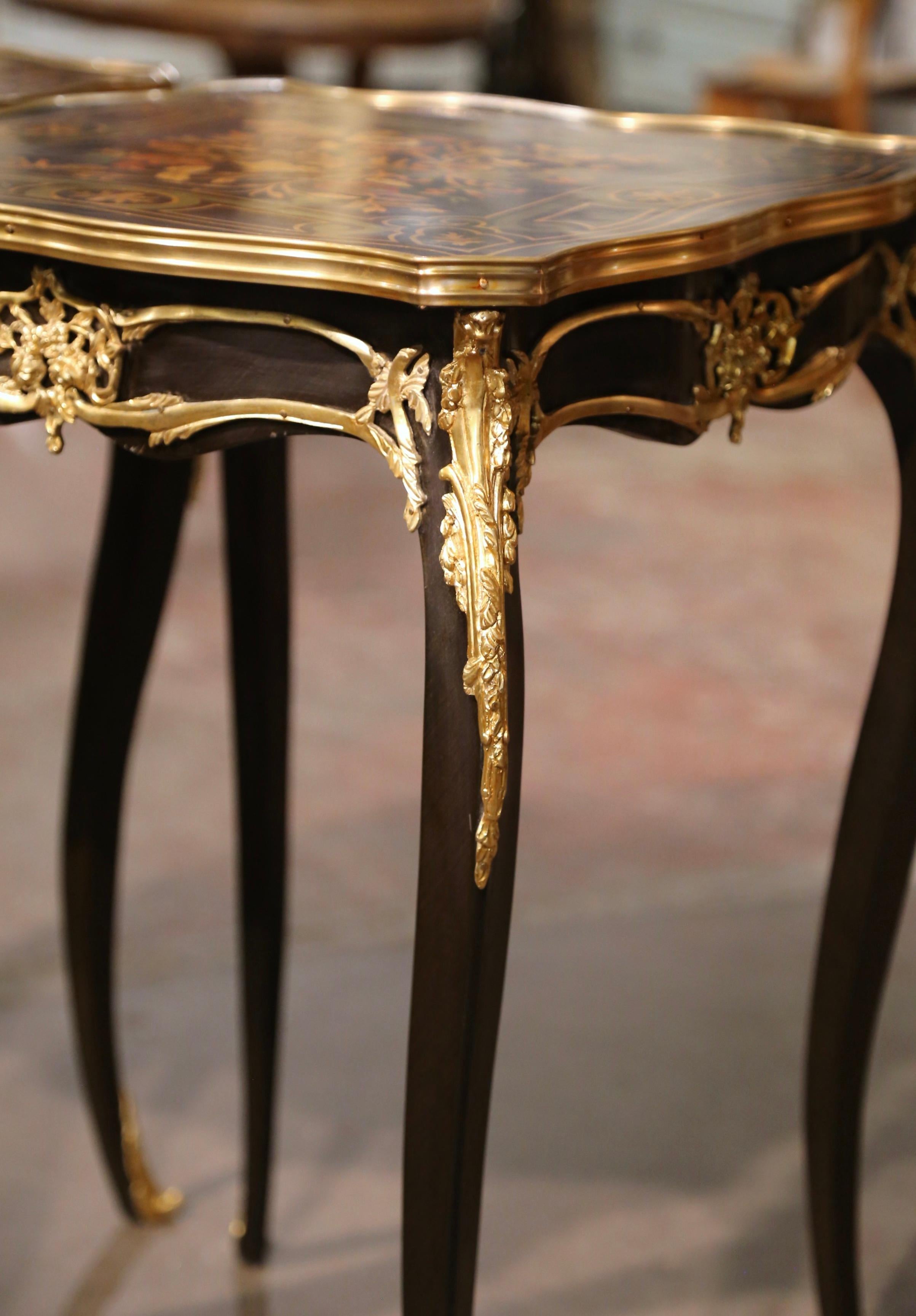 Pair of Mid-Century French Louis XV Marquetry Inlaid and Bronze Dore Side Tables For Sale 4
