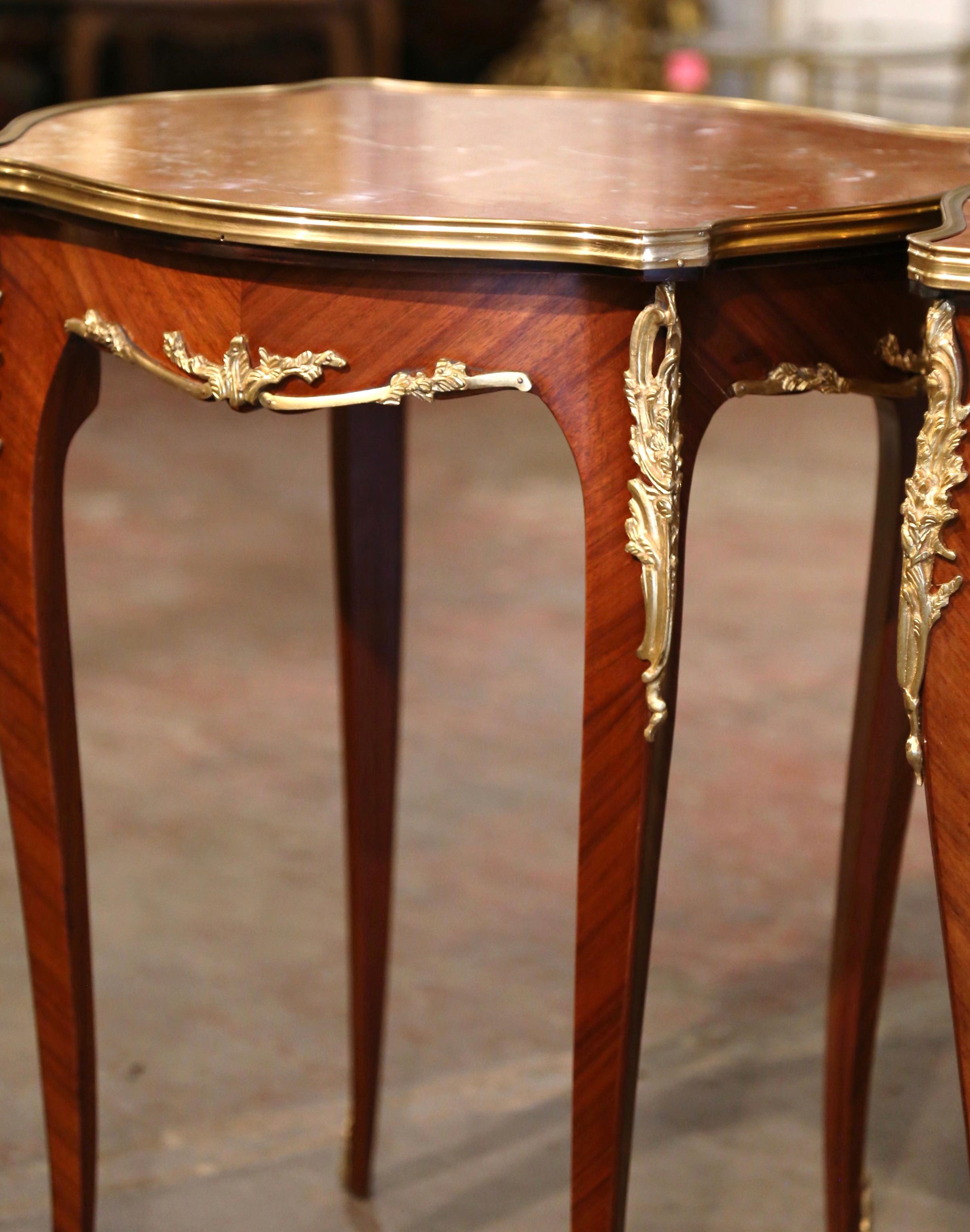 Hand-Carved Pair of Mid-Century French Louis XV Red Marble Top Ormolu Mounted Side Tables For Sale