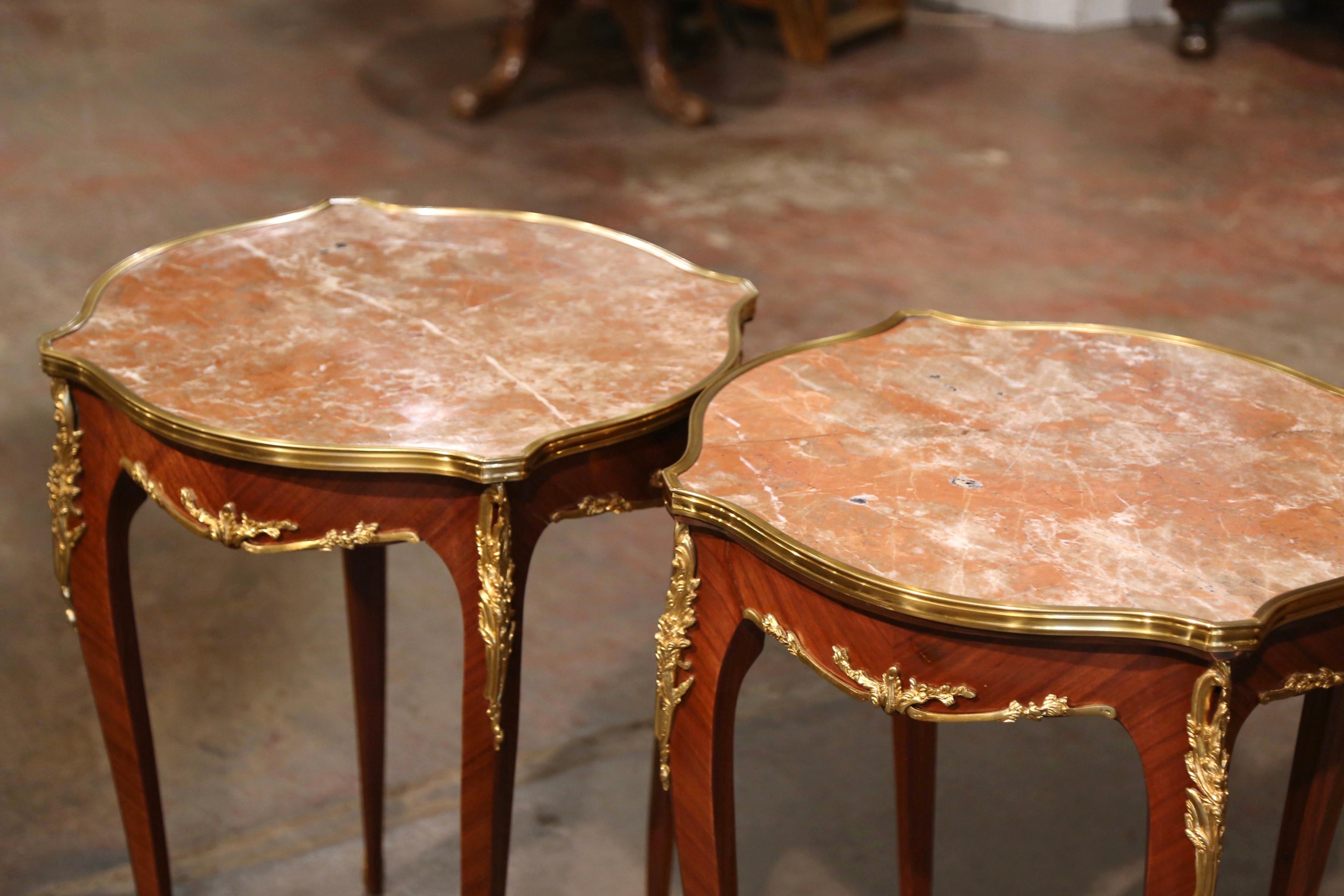 Hand-Carved Pair of Mid-Century French Louis XV Red Marble Top Ormolu Mounted Side Tables