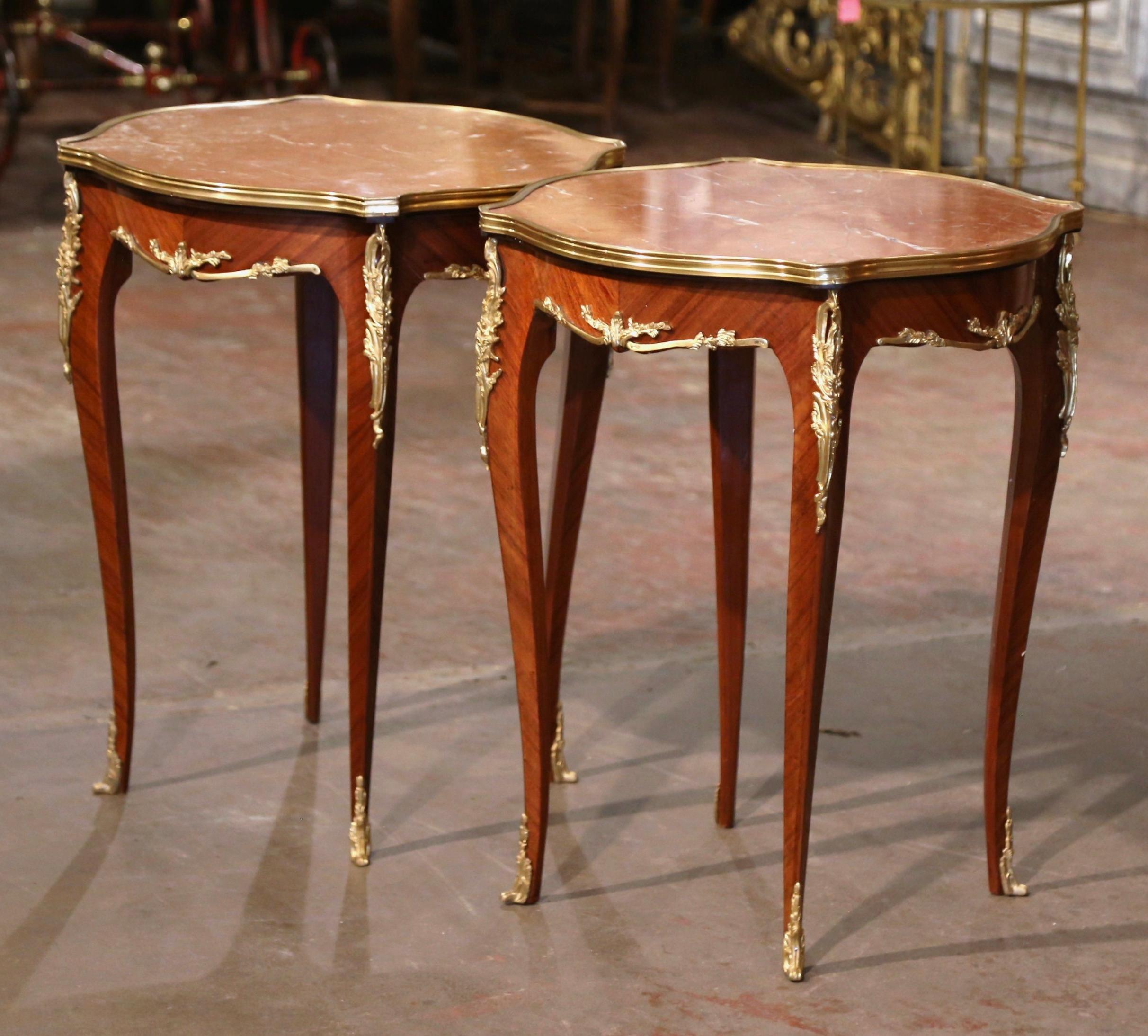 20th Century Pair of Mid-Century French Louis XV Red Marble Top Ormolu Mounted Side Tables For Sale