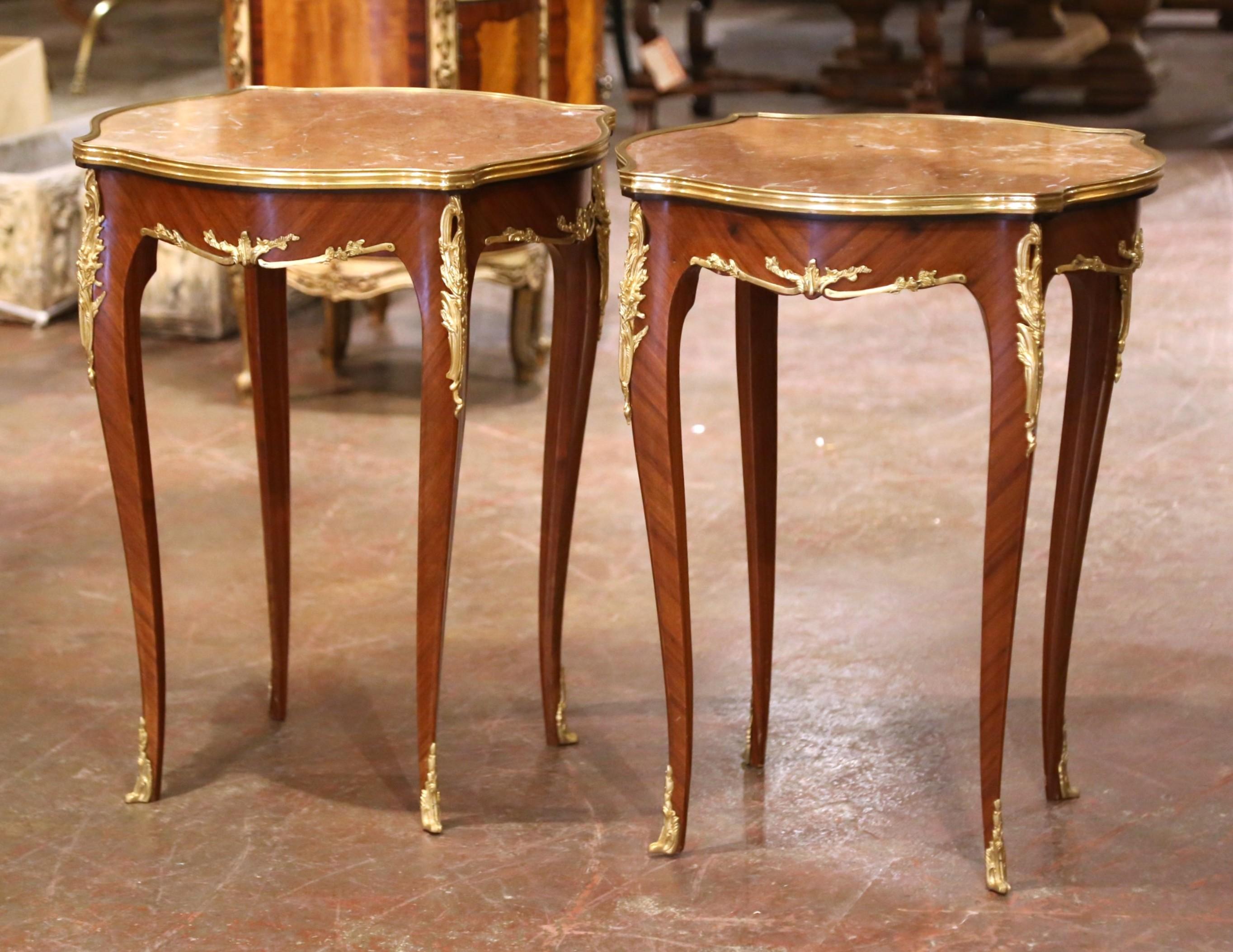 20th Century Pair of Mid-Century French Louis XV Red Marble Top Ormolu Mounted Side Tables For Sale