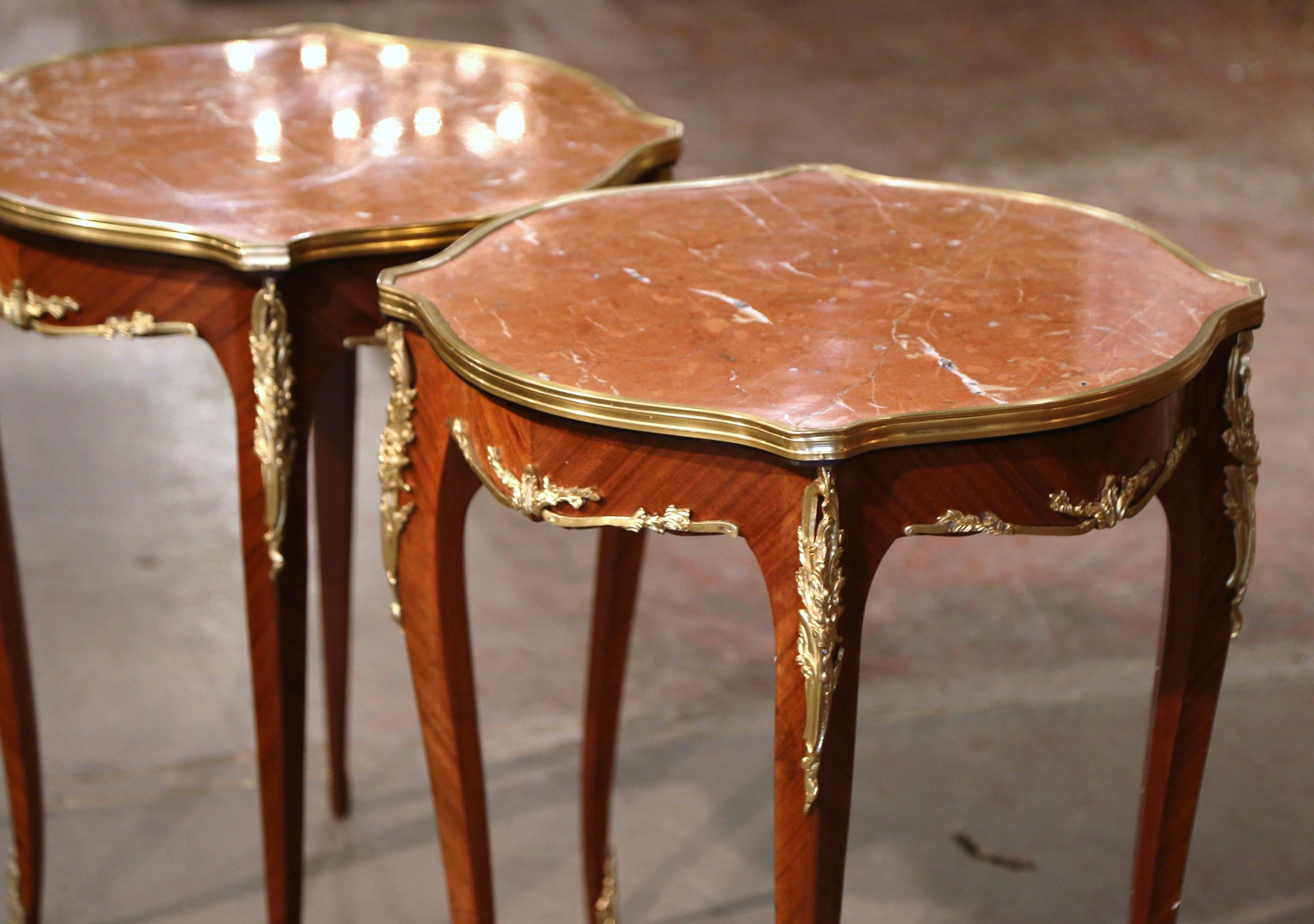 Bronze Pair of Mid-Century French Louis XV Red Marble Top Ormolu Mounted Side Tables For Sale