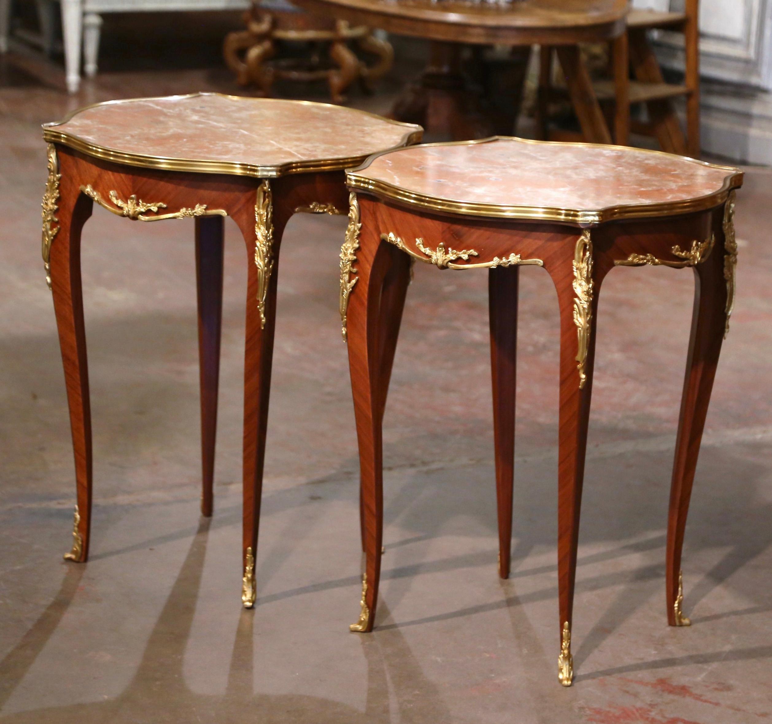 Bronze Pair of Mid-Century French Louis XV Red Marble Top Ormolu Mounted Side Tables