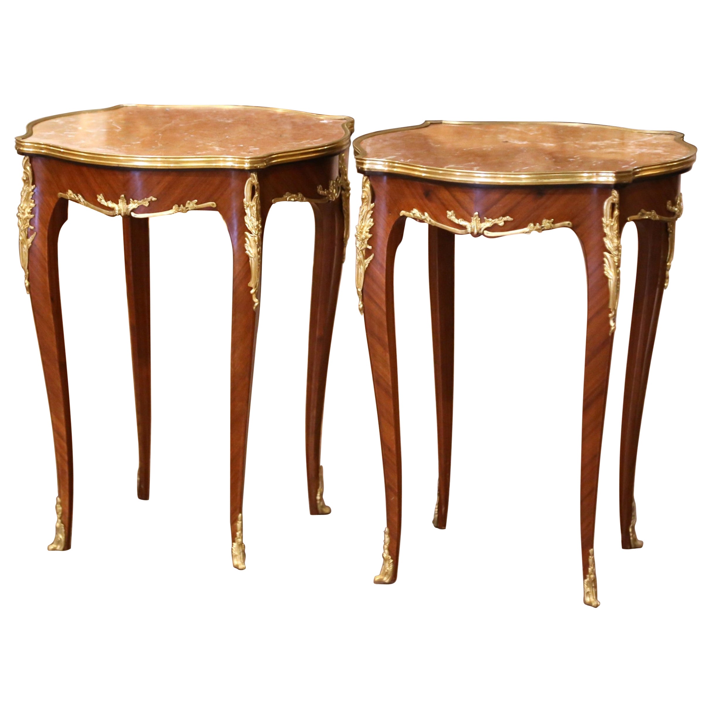 Pair of Mid-Century French Louis XV Red Marble Top Ormolu Mounted Side Tables For Sale