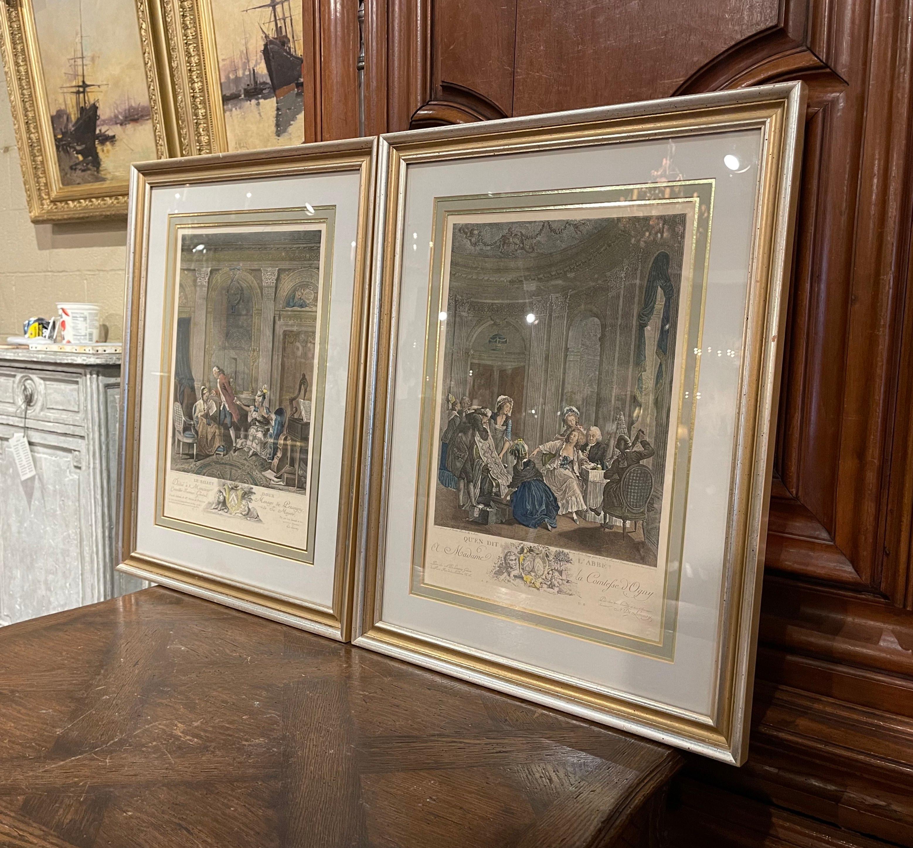 Decorate an office or a study with this elegant pair of framed Louis XV antique prints. Crafted in Paris, France circa 1970 after Nicholas Delaunay (1739-1792), and set in a custom carved gilt frame protected with glass, each print depicts a