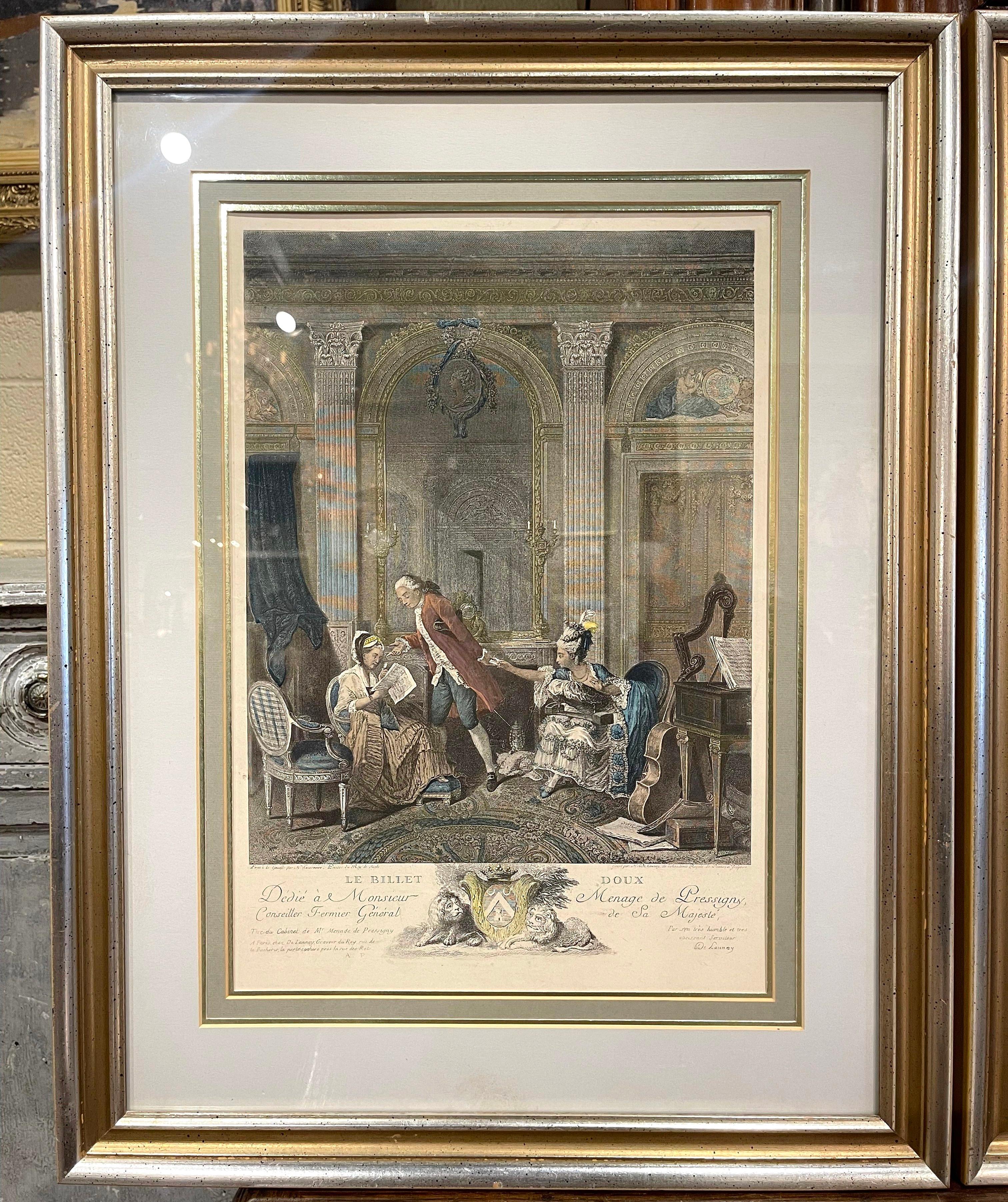 Pair of Midcentury French Louis XV Romantic Colored Prints in Gilt Frames In Excellent Condition In Dallas, TX