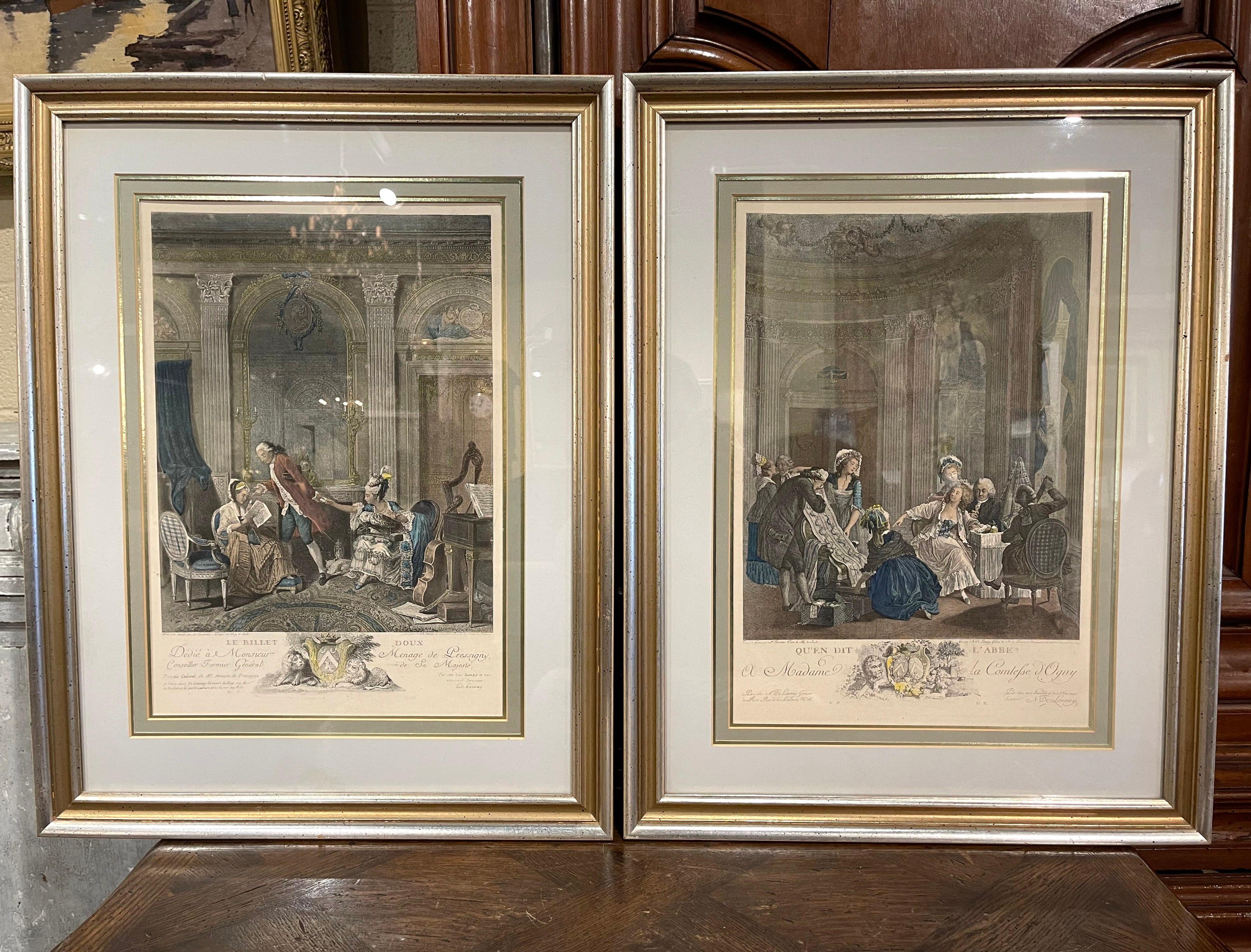 Pair of Midcentury French Louis XV Romantic Colored Prints in Gilt Frames 2