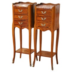 Pair of Mid-Century French Louis XV Walnut Marquetry Marble-Top Nightstands