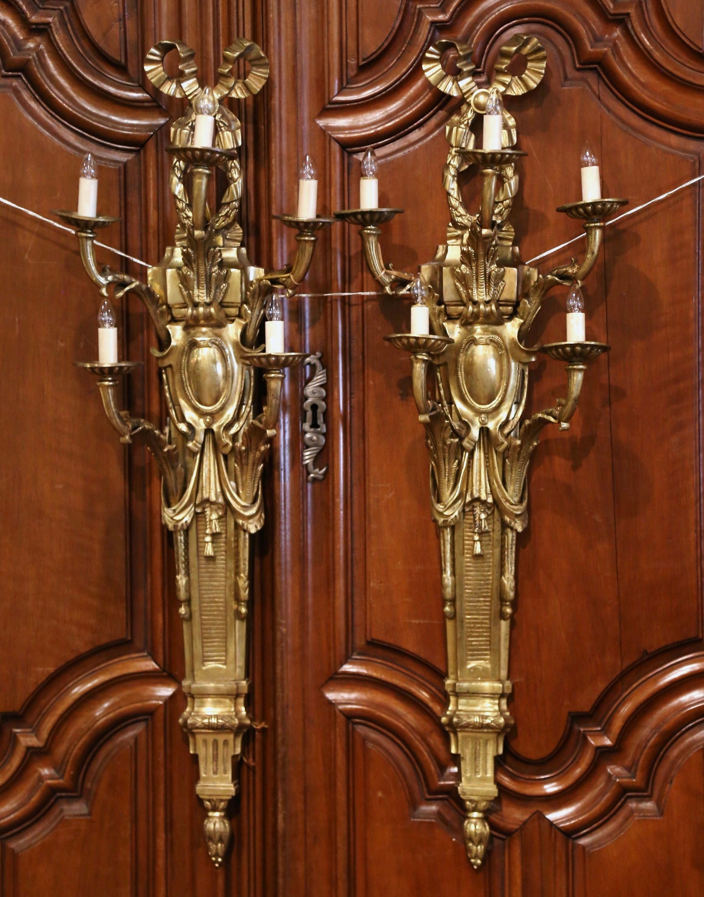 Gilt Pair of Mid-Century French Louis XVI Bronze Dore Five-Light Wall Sconces