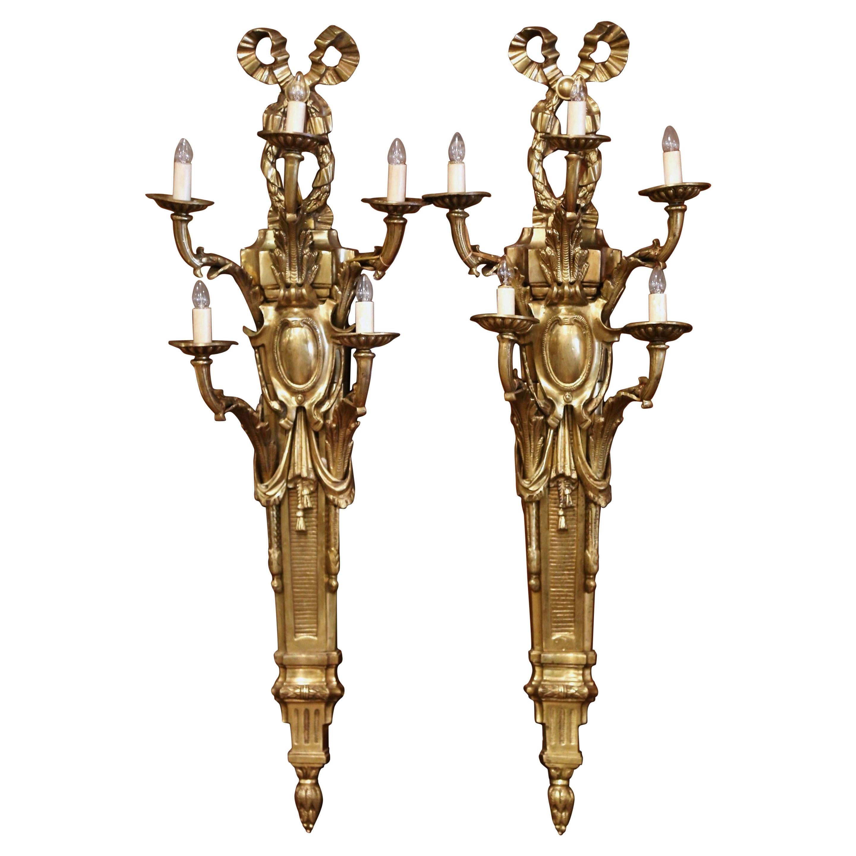Pair of Mid-Century French Louis XVI Bronze Dore Five-Light Wall Sconces
