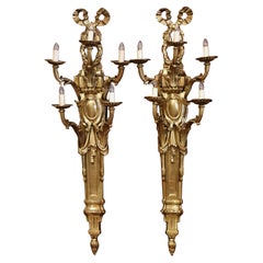 Pair of Mid-Century French Louis XVI Bronze Dore Five-Light Wall Sconces