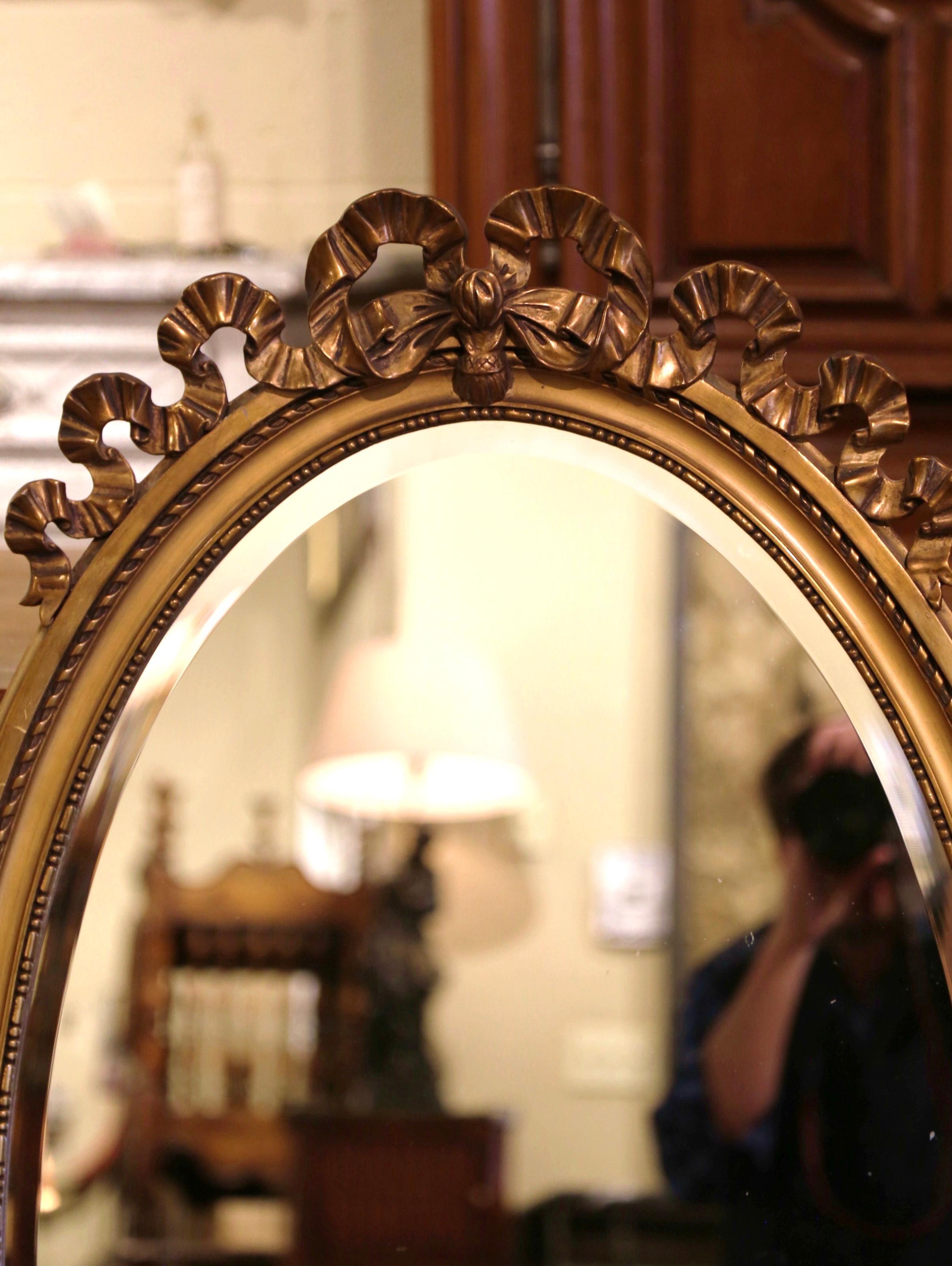 Pair of Mid-Century French Louis XVI Carved Giltwood Beveled Oval Wall Mirrors 1