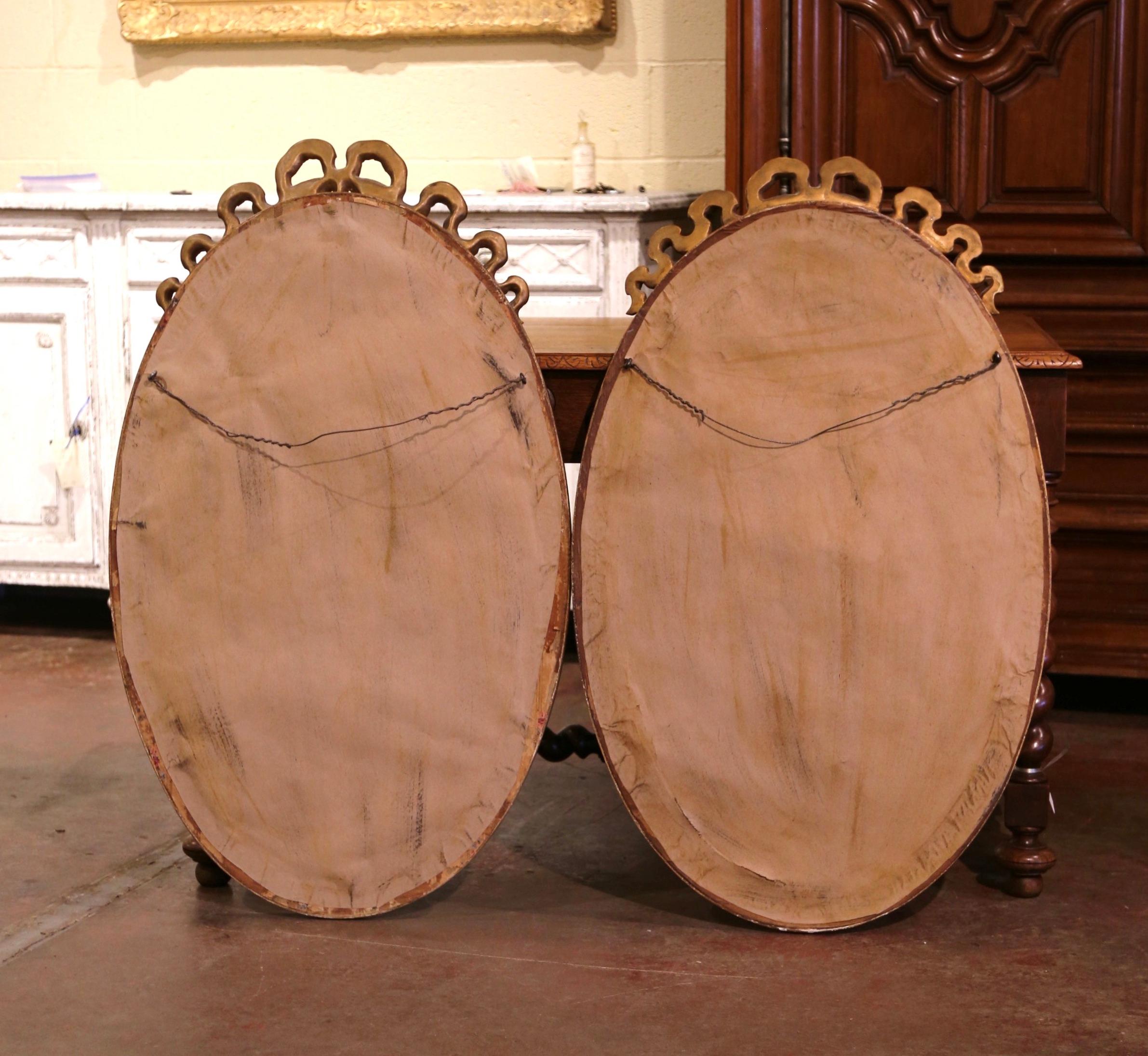 Pair of Mid-Century French Louis XVI Carved Giltwood Beveled Oval Wall Mirrors 2