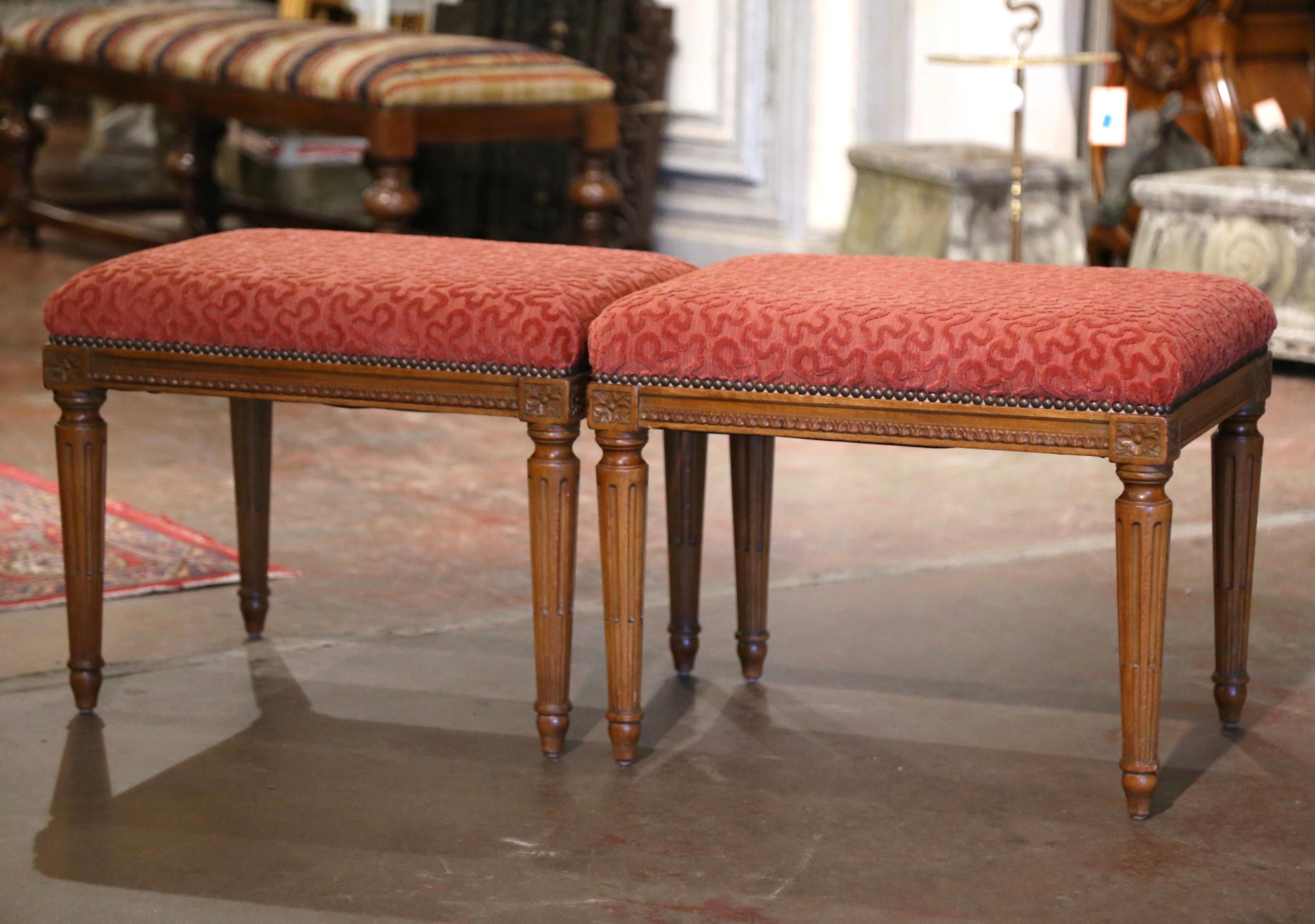 Hand-Carved Pair of Mid-Century French Louis XVI Carved Walnut Stools with Red Upholstery