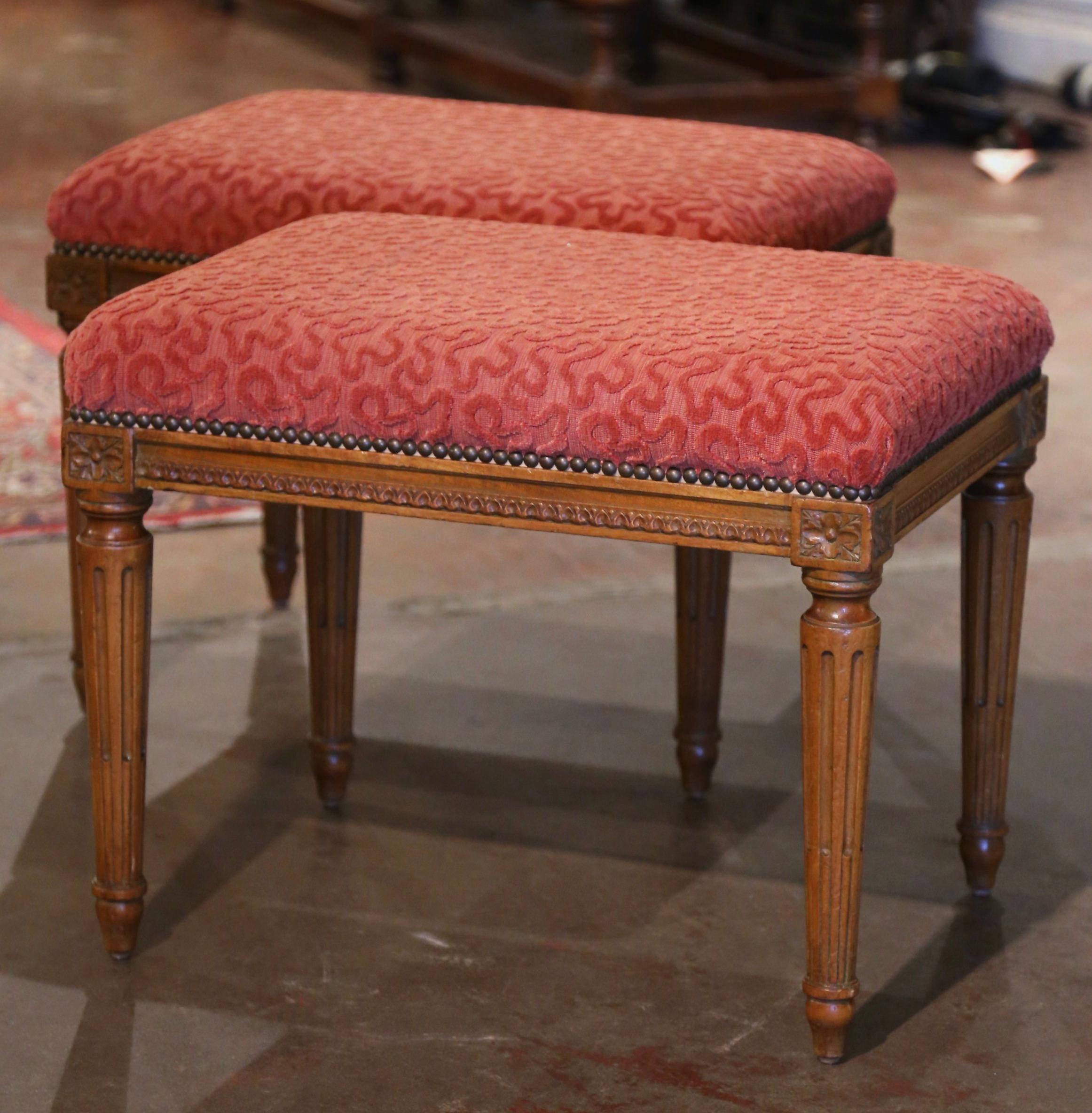 20th Century Pair of Mid-Century French Louis XVI Carved Walnut Stools with Red Upholstery