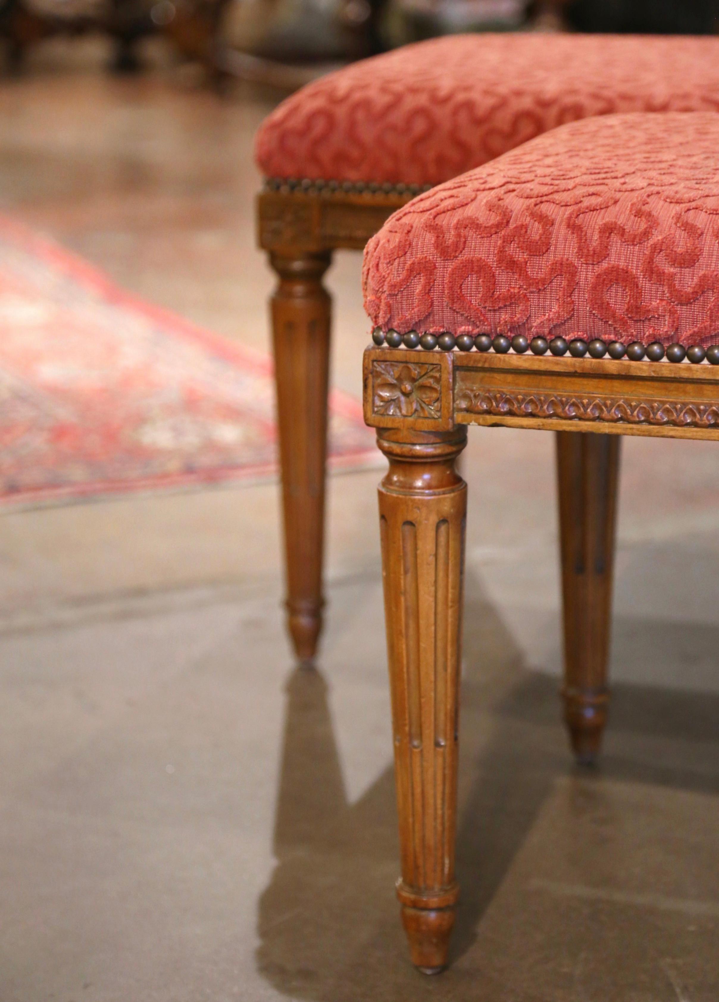 Fabric Pair of Mid-Century French Louis XVI Carved Walnut Stools with Red Upholstery