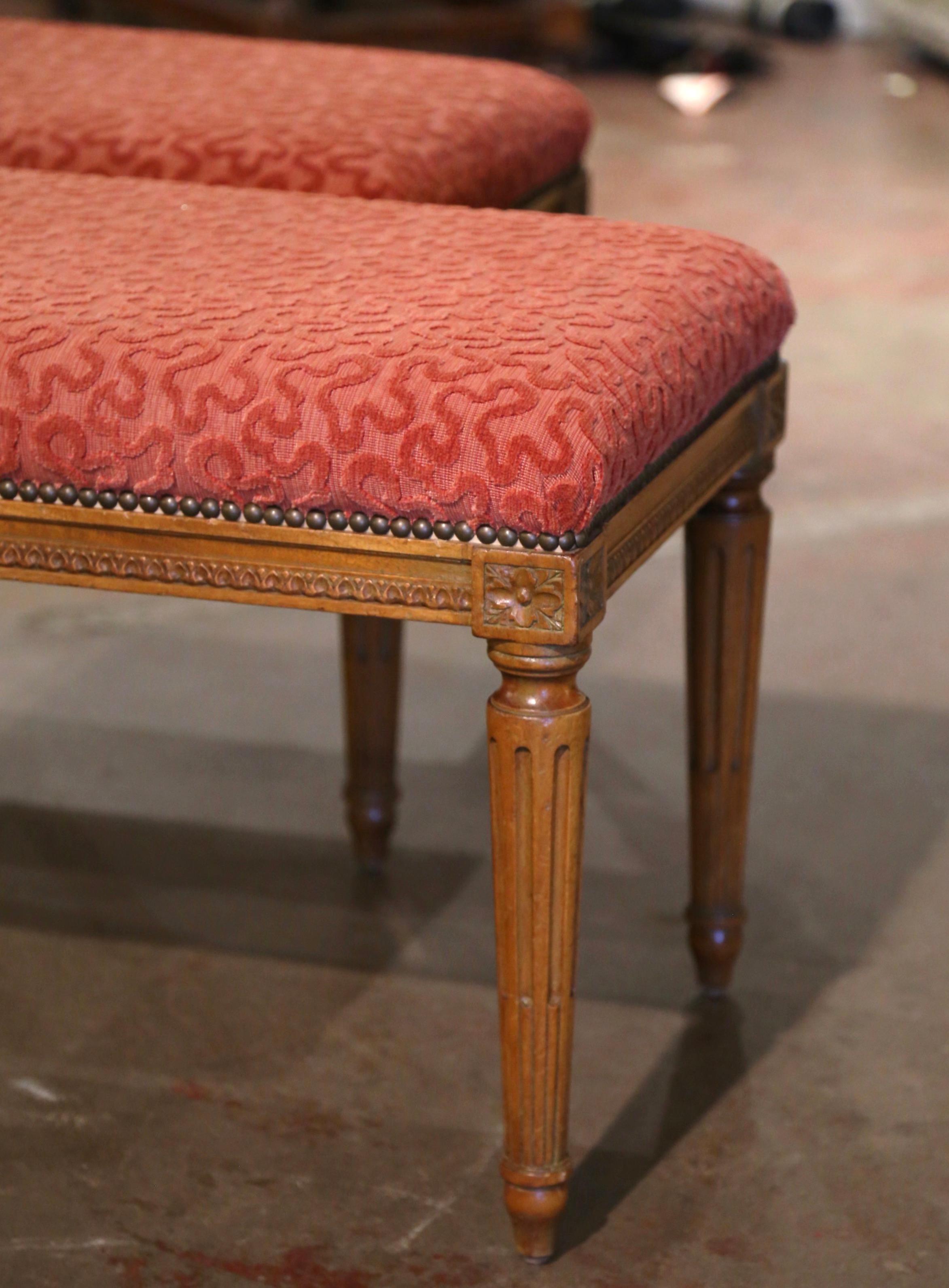 Pair of Mid-Century French Louis XVI Carved Walnut Stools with Red Upholstery 1