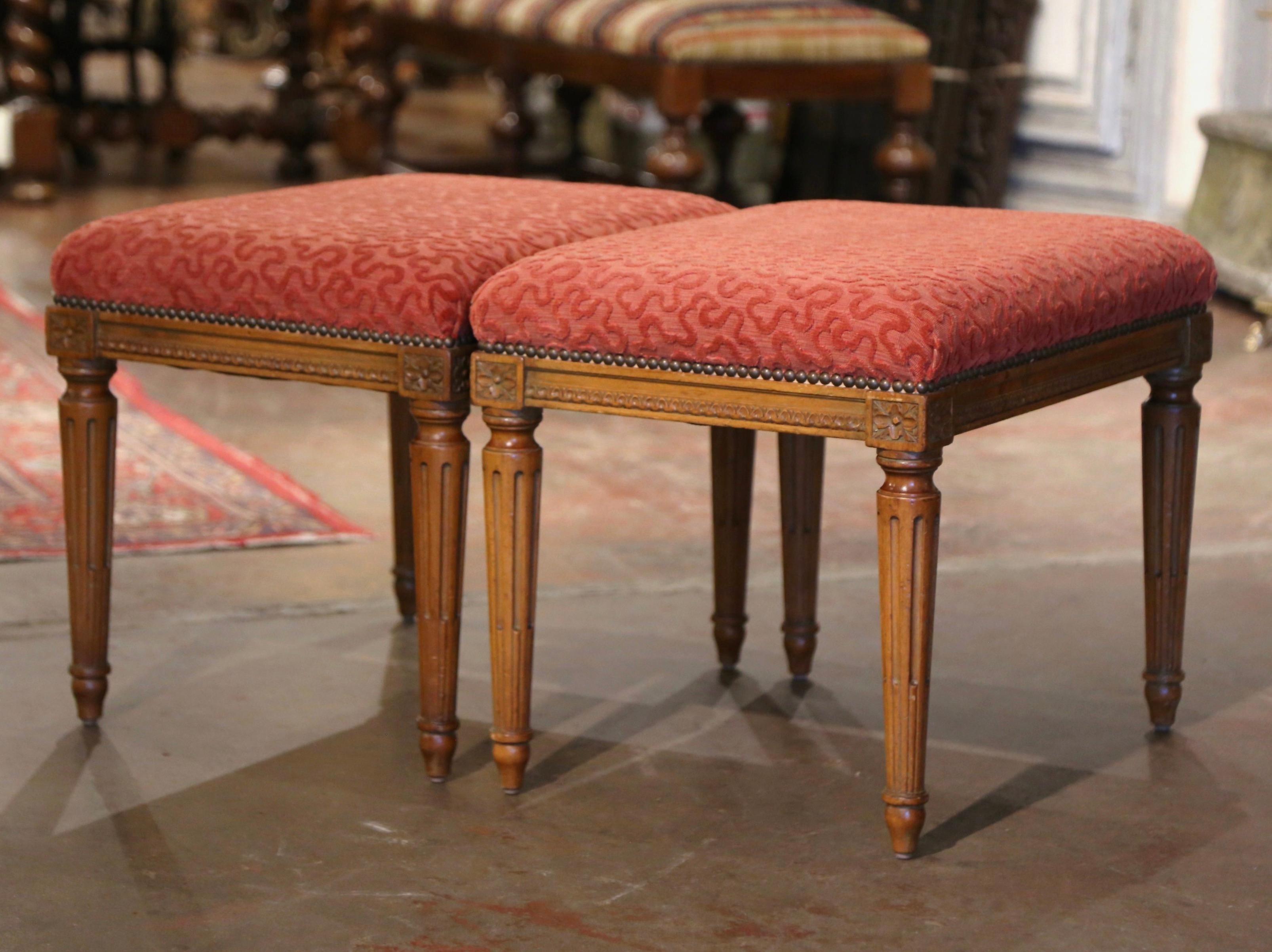 Pair of Mid-Century French Louis XVI Carved Walnut Stools with Red Upholstery 2