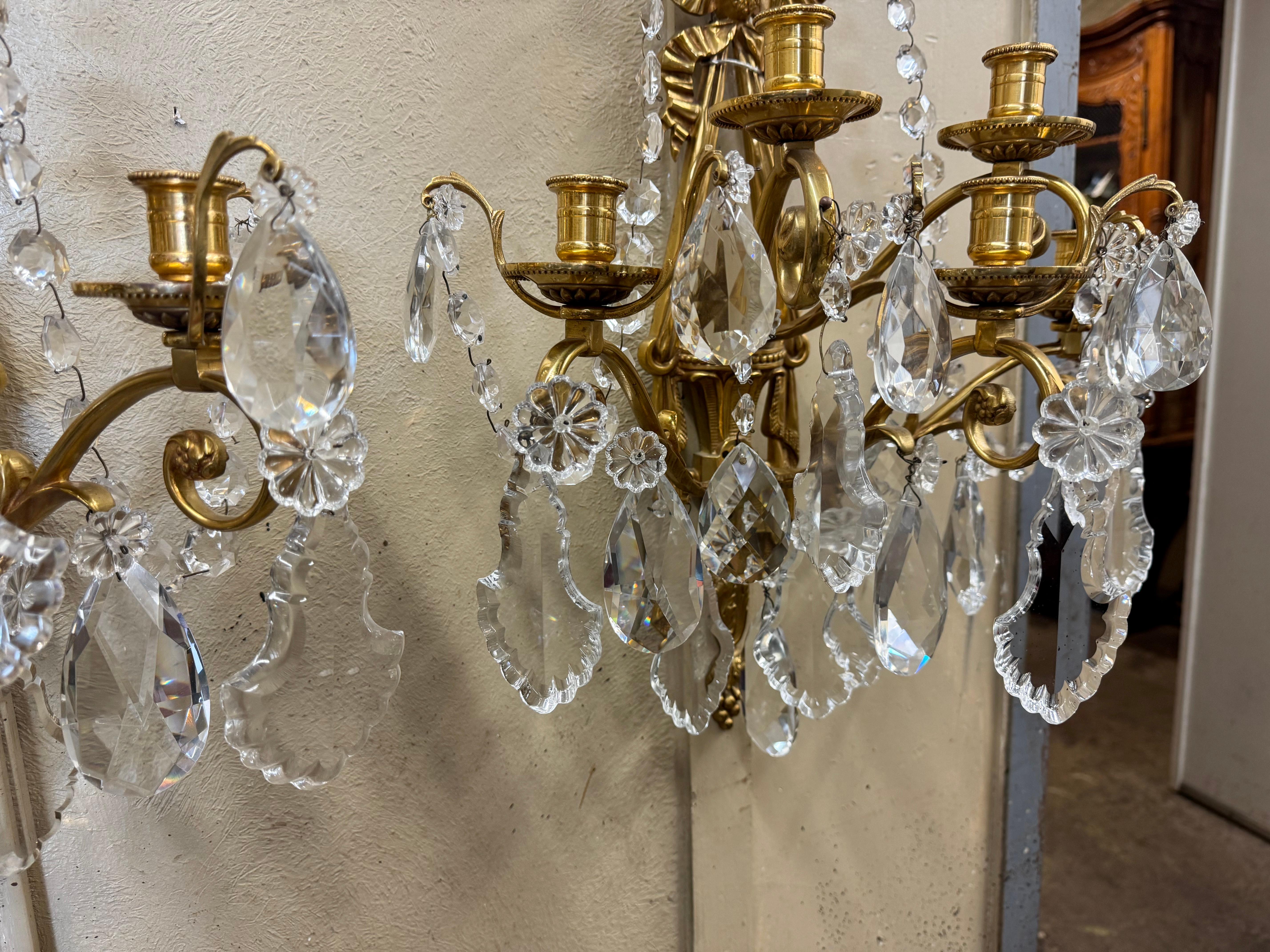 Pair of Mid-Century French Louis XVI Crystal and Bronze Dore Five-Light Sconces For Sale 5