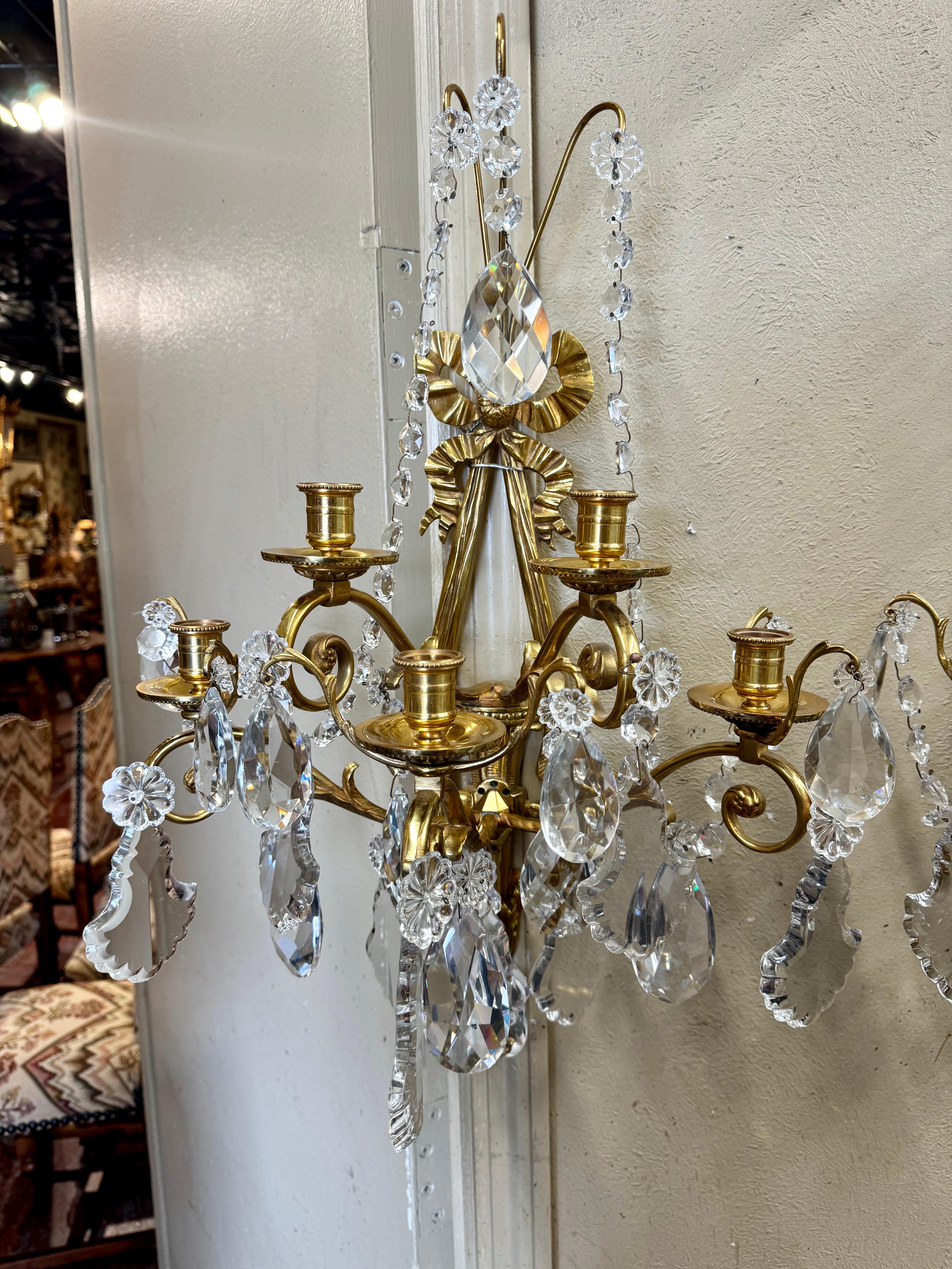 Gilt Pair of Mid-Century French Louis XVI Crystal and Bronze Dore Five-Light Sconces For Sale