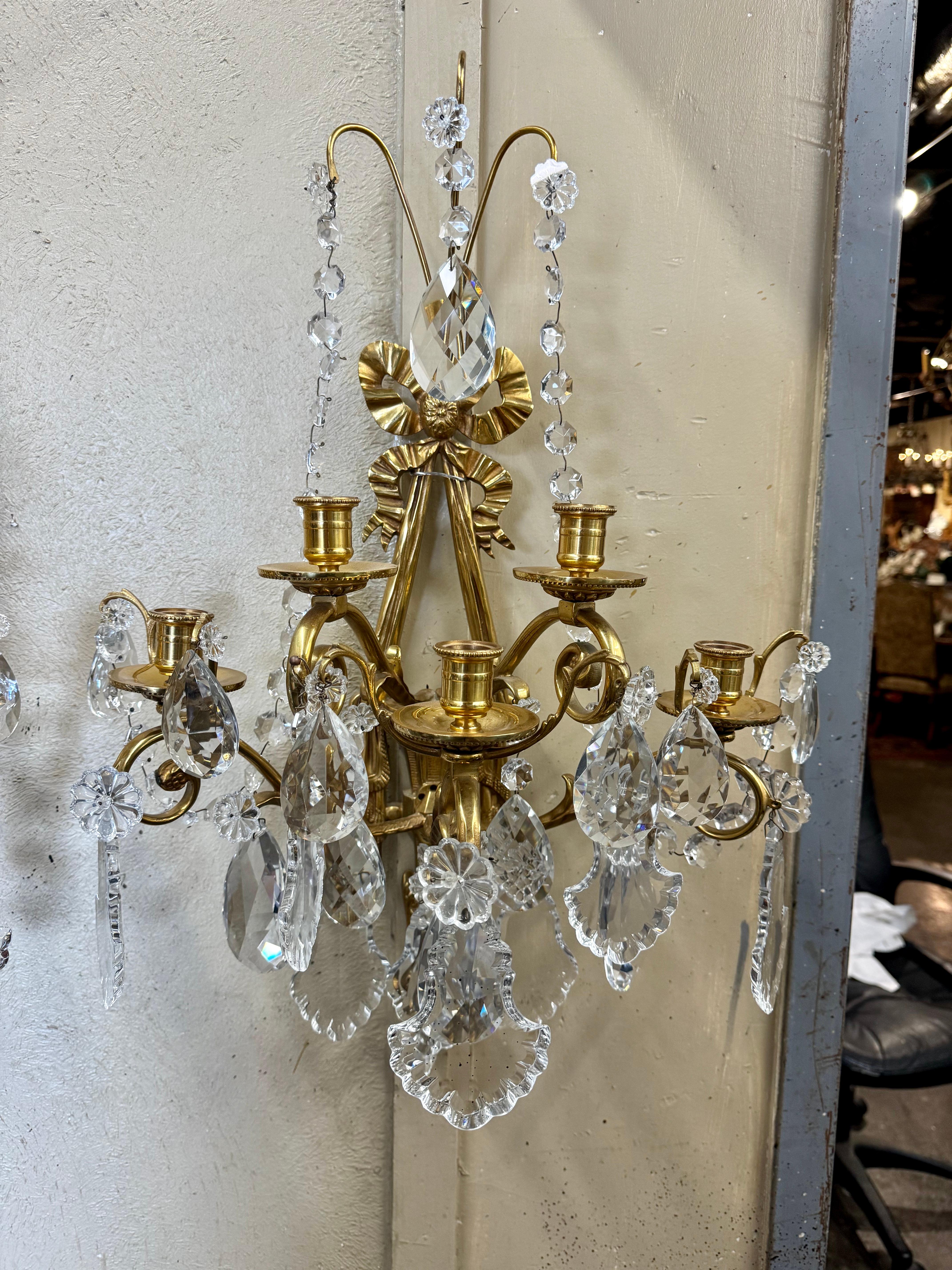 Pair of Mid-Century French Louis XVI Crystal and Bronze Dore Five-Light Sconces In Excellent Condition For Sale In Dallas, TX